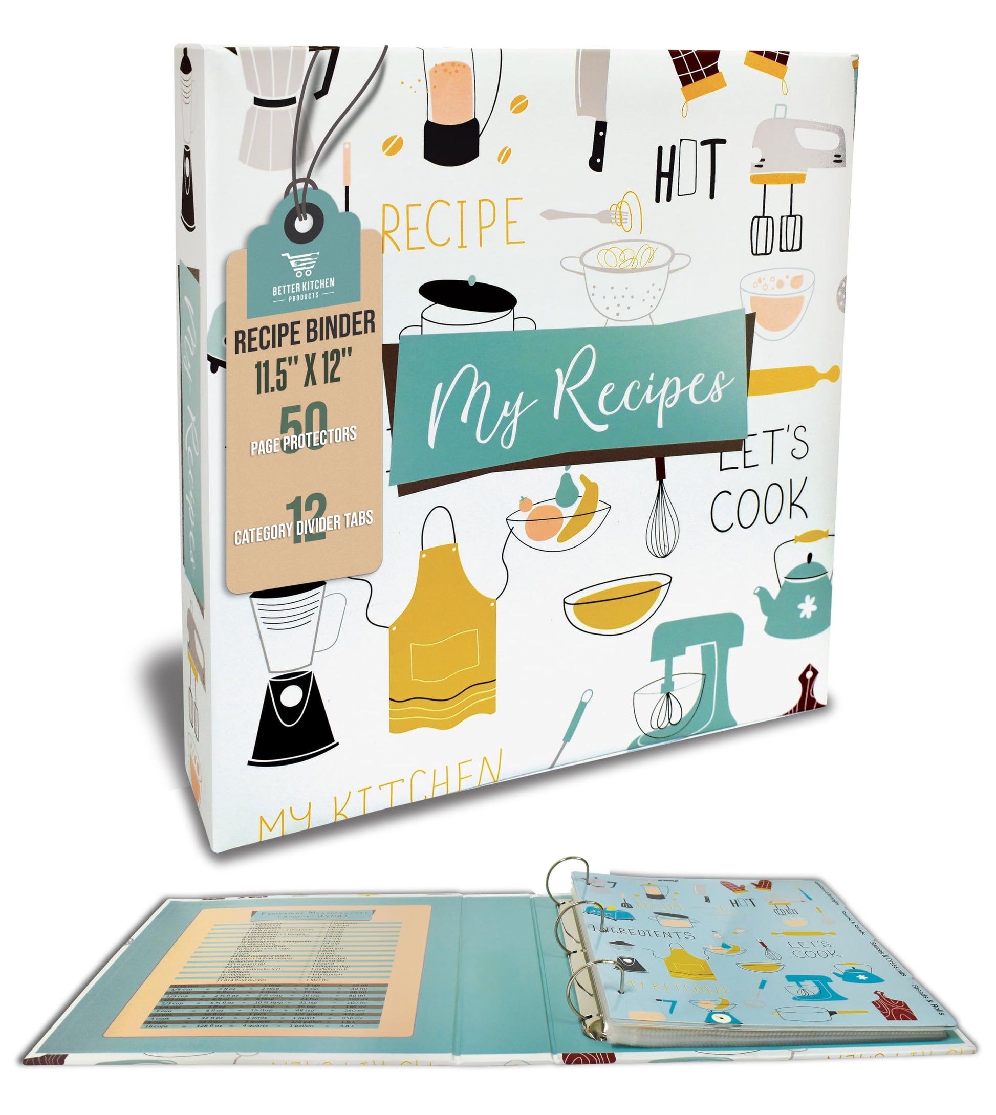 Better Kitchen Products Recipe Binder, Full Page 3 Ring Standard Binder Organizer Set (with 50 Page
