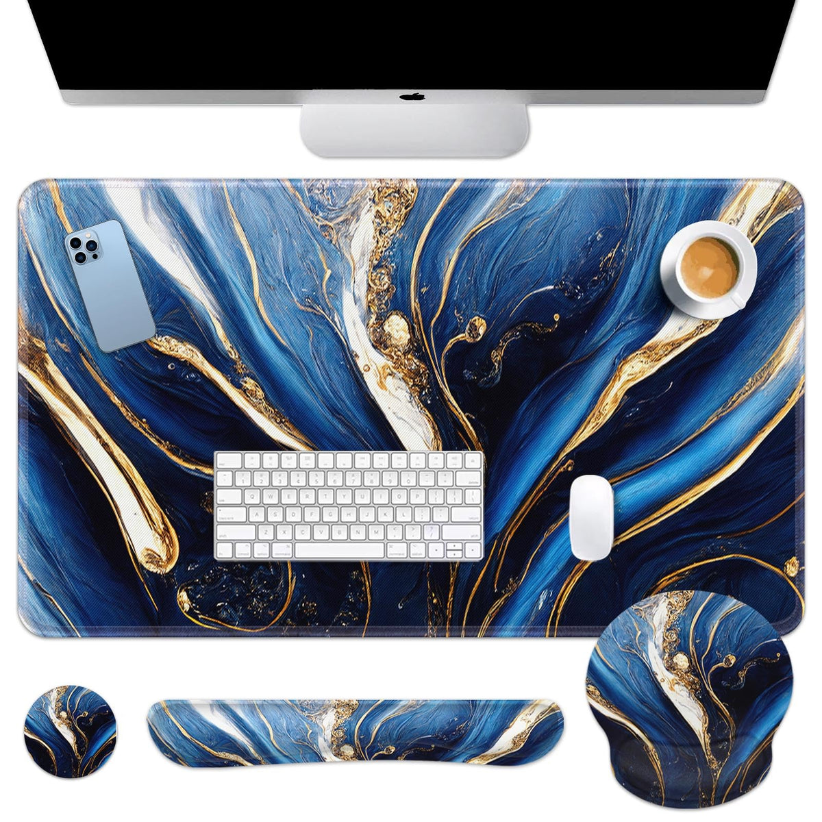 Britimes Keyboard Mouse Pad Set, 4 in 1 Desk Mat Set, Marble Blue