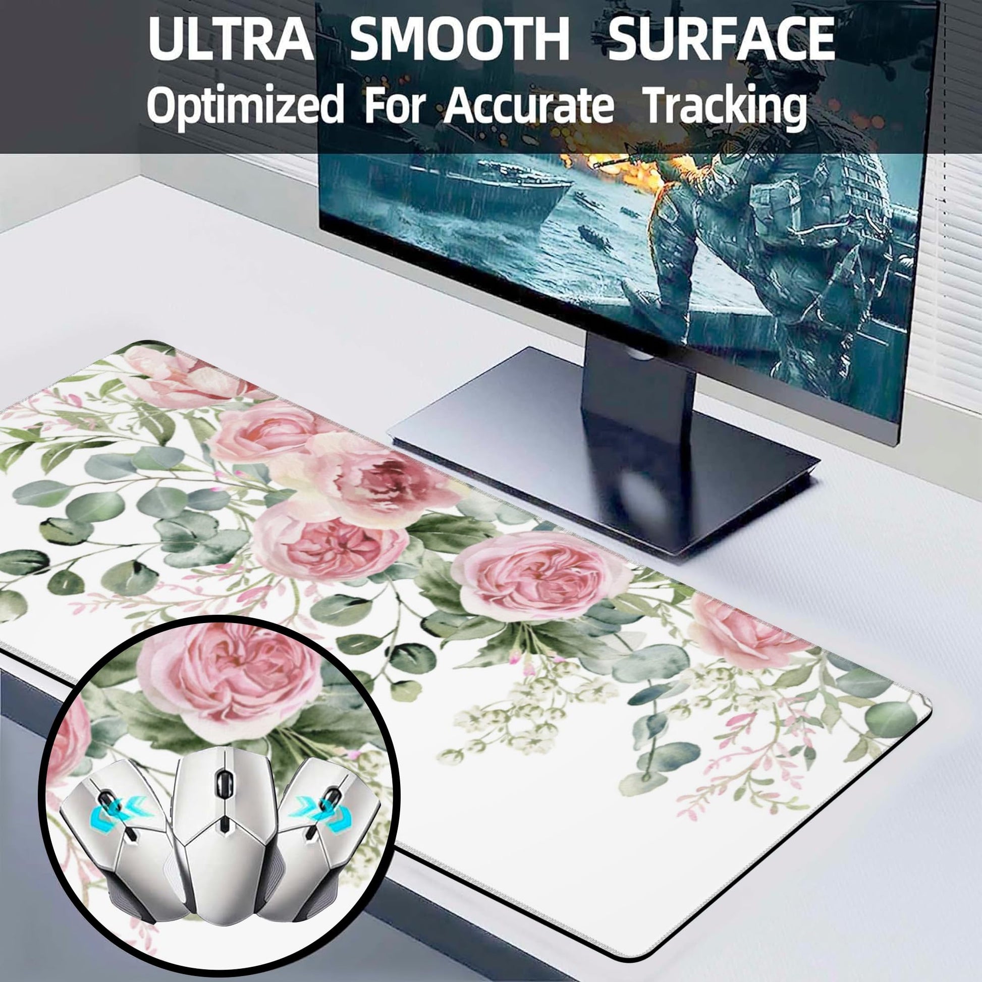 Desk Mat,Peony Flowers and Eucalyptus Leaves Large Gaming Mouse Pad for Desk XL,Pink Floral Desk