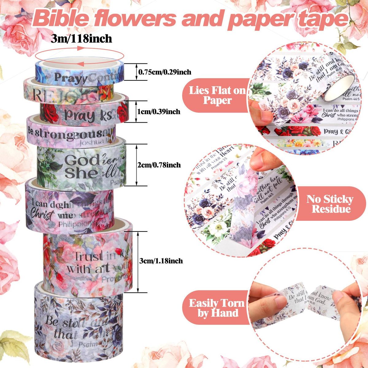 Janlaugh 24 Rolls Christian Washi Tape Gifts, Watercolor Floral, Multi Size
