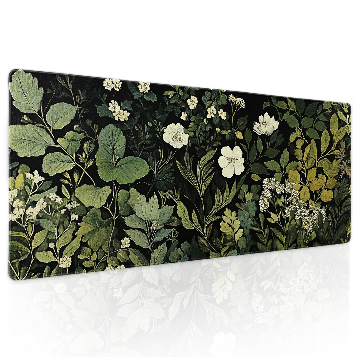 Green Leaves Mouse Pad XL Botanical Plants Beige Floral Extended Table Mat 80X30 cm Non-Slip Rubber