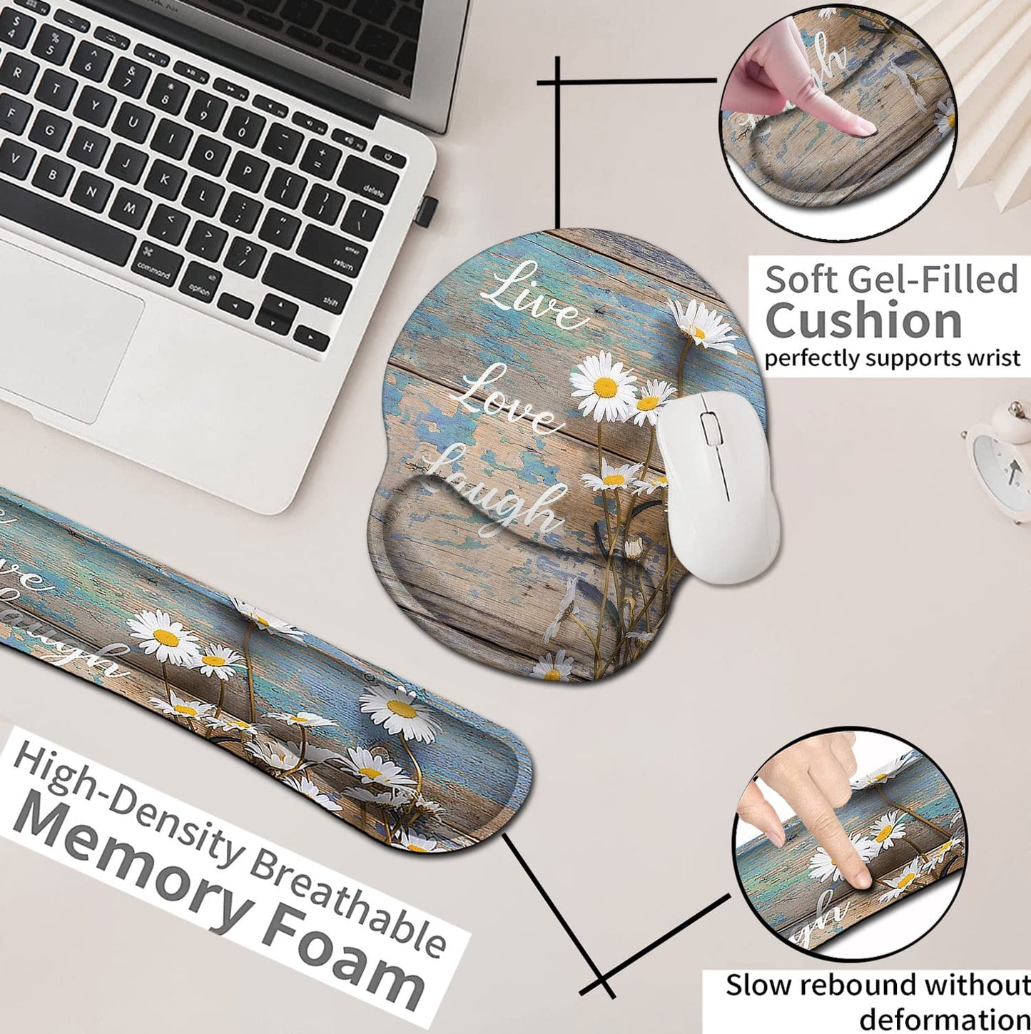 Mouse Pad for Women, Ergonomic Gel Mouse Pad, Keyboard Wrist Rest Relieves Fatigue, White Daisy