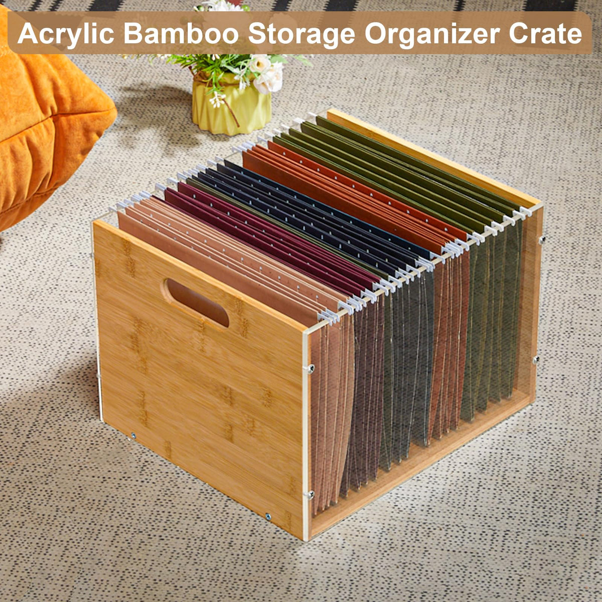 Sbanmao Clear Acrylic File Box Organizer, Bamboo Hanging Folder Storage Boxes, Filing Crate Bin
