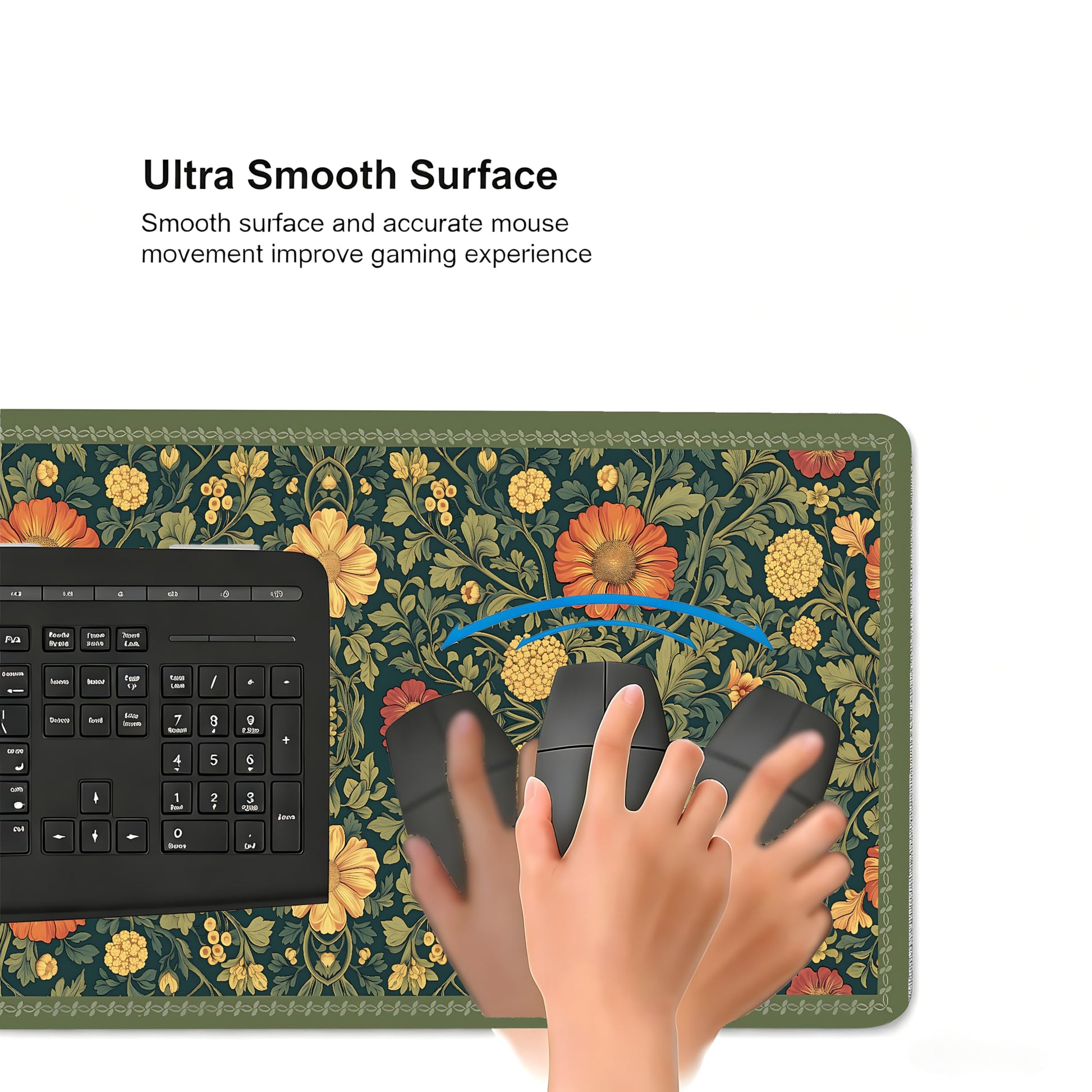 Cute Floral Aesthetic Daisy Gaming Mouse Pad, Dark Green Rug Desk Mat with Anti-Slip Base &