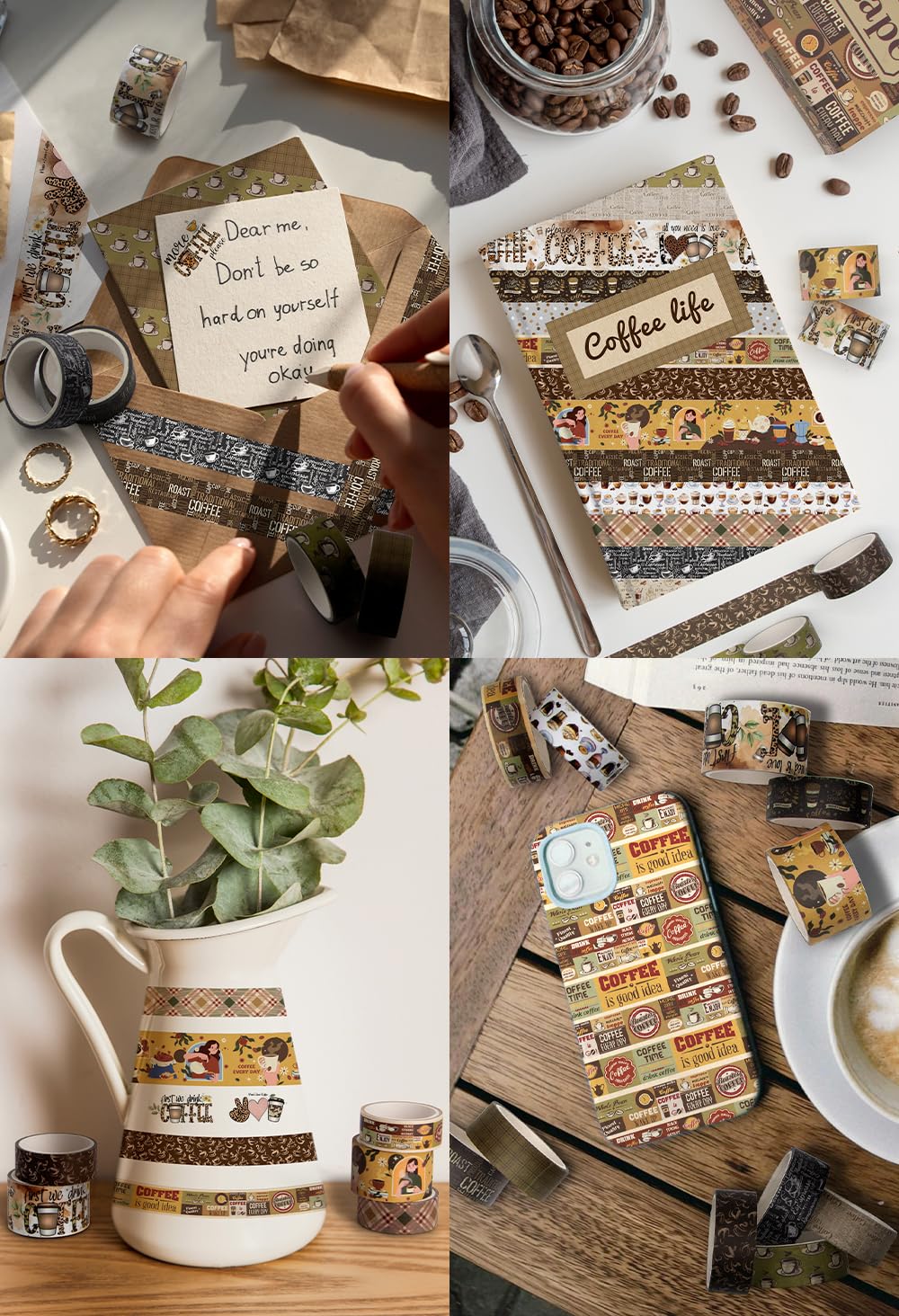 KOVANO Coffee Themed Washi Tape Set, 14 Rolls Vintage Crafts Tape, Art Decorative Tape for