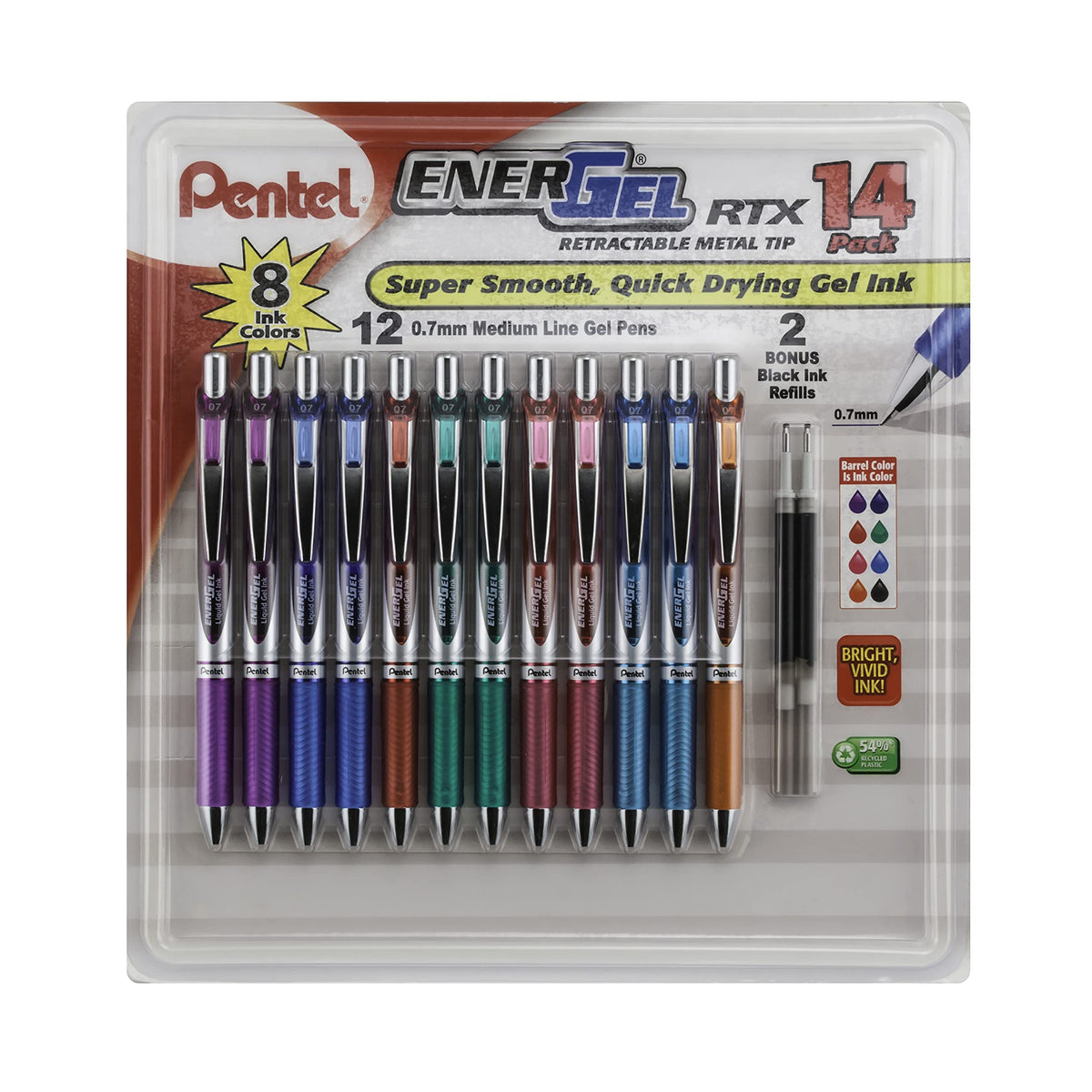 Pentel EnerGel RTX Retractable Metal Tip Pen, 0.7mm, 12 Assorted Colors with 2 Refills (BL77F14C)