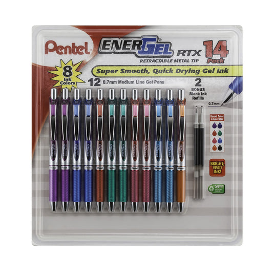 Pentel EnerGel RTX Retractable Metal Tip Pen, 0.7mm, 12 Assorted Colors with 2 Refills (BL77F14C)