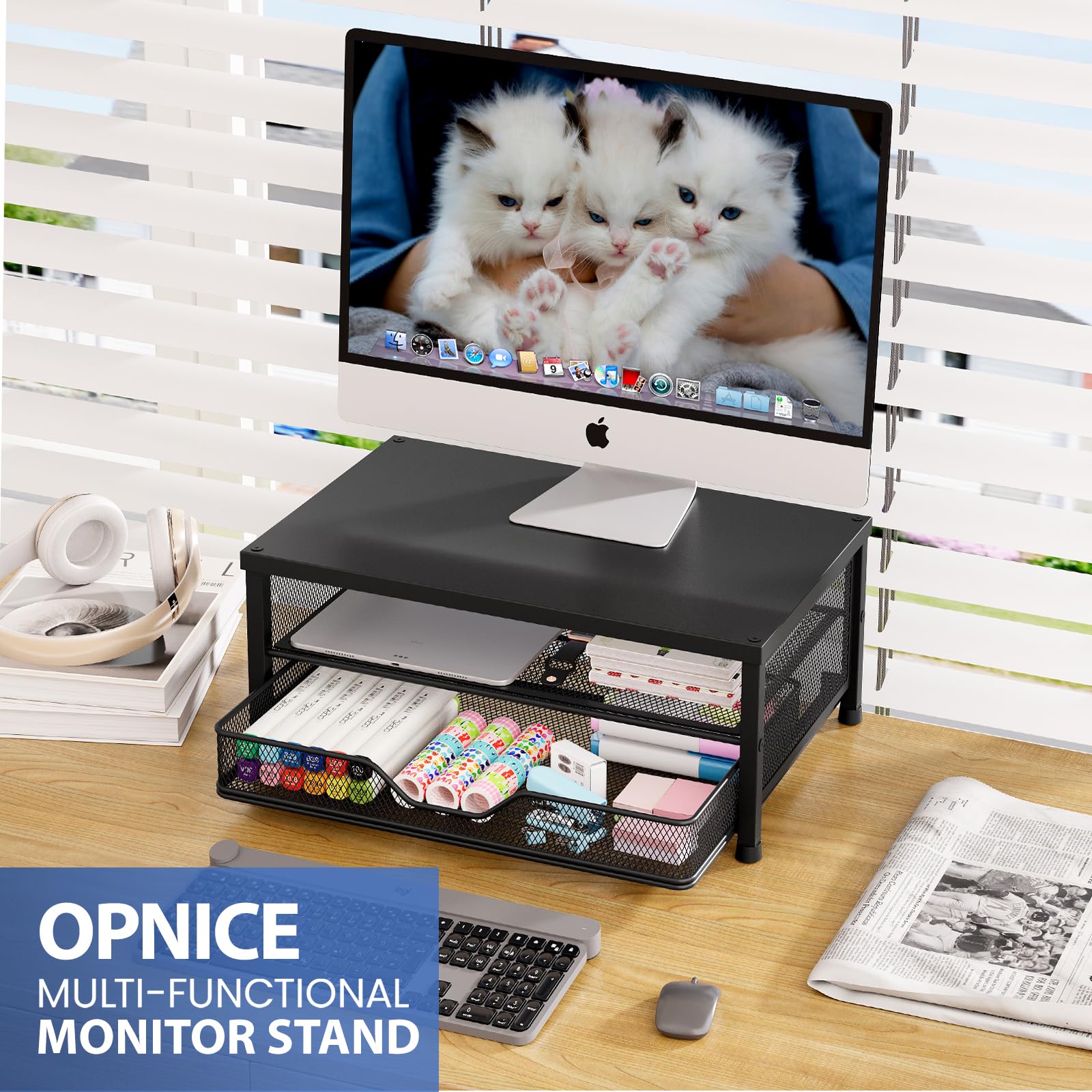OPNICE Computer Monitor Stand Riser, Desk Organizer with Drawer, Printer & Laptop Stand, Office