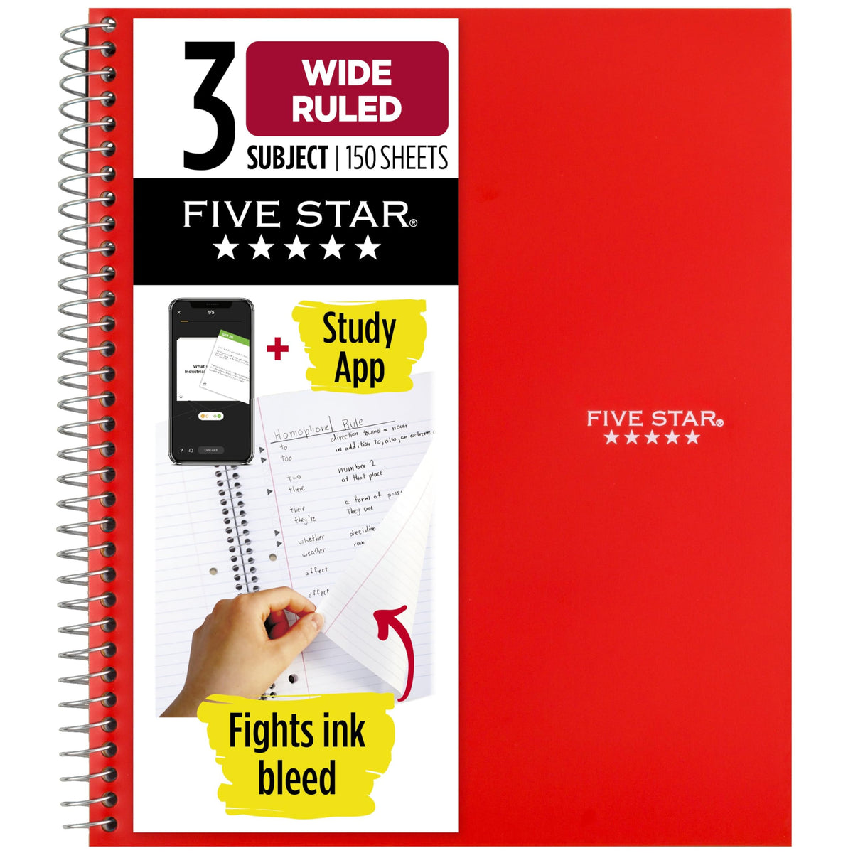 Five Star Spiral Notebook + Study App, 3 Subject, Wide Ruled Paper, 10-1/2" x 8", 150 Sheets, Red