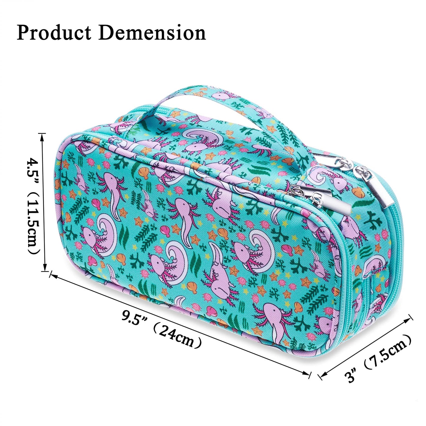 LParkin Axolotl Pencil Case Super Large Capacity 3 Compartments Canvas Pencil Box Kawaii Makeup Bag