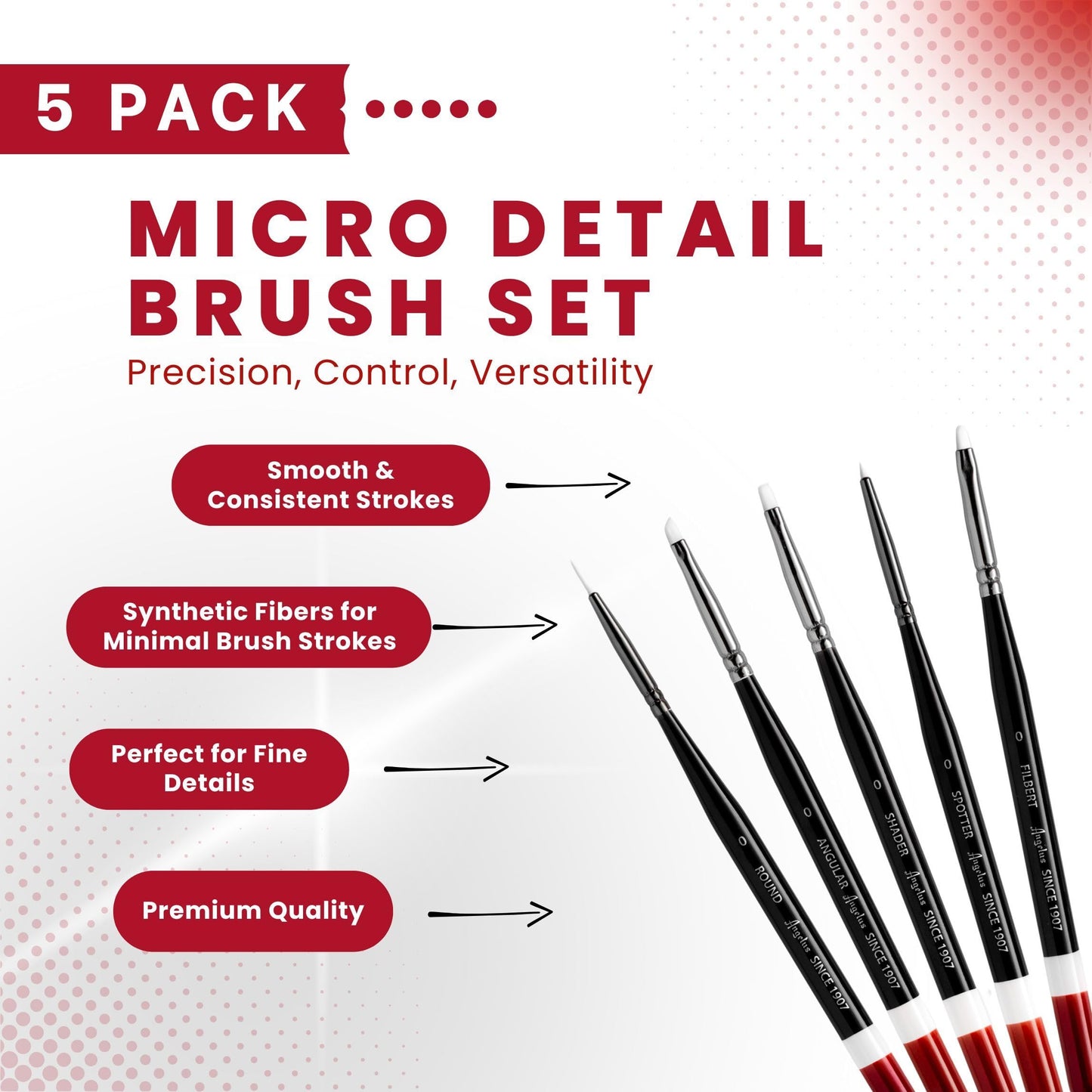 Angelus Micro Detail Paint Brush Set of 5 Synthetic Fibers, Ideal for Acrylic, Leather, Model