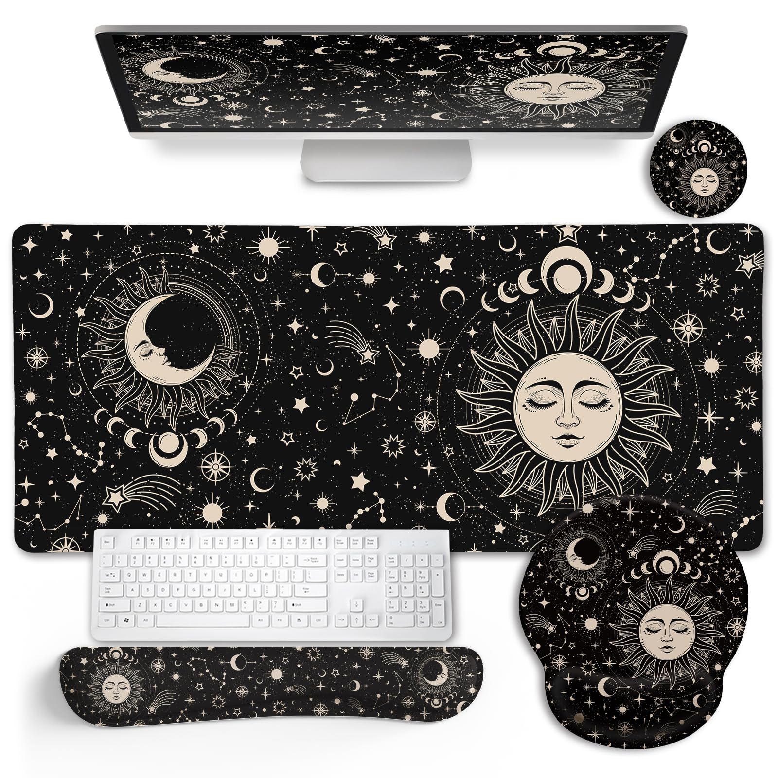 LIMKRIAN Sun Moon Mouse Pad Set Large Desk Mat Pad, Boho Desk Accessories