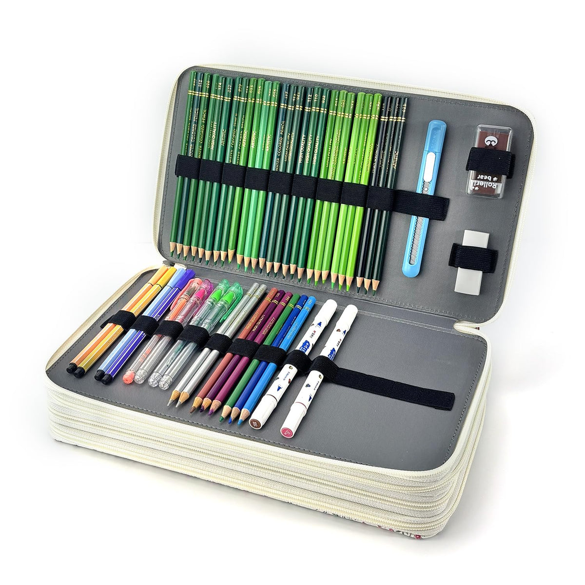 YOUNGCOL 300-Capacity Colored Pencil Case Pen Organizer (White Floral)