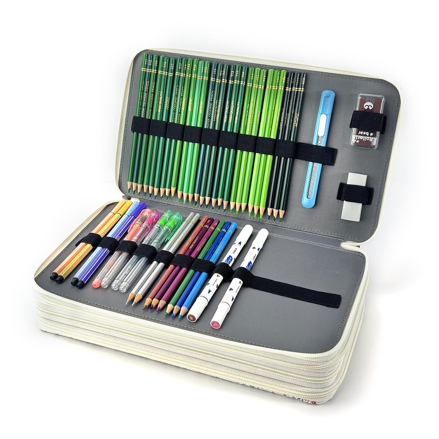YOUNGCOL 300-Capacity Colored Pencil Case Pen Organizer (White Floral)
