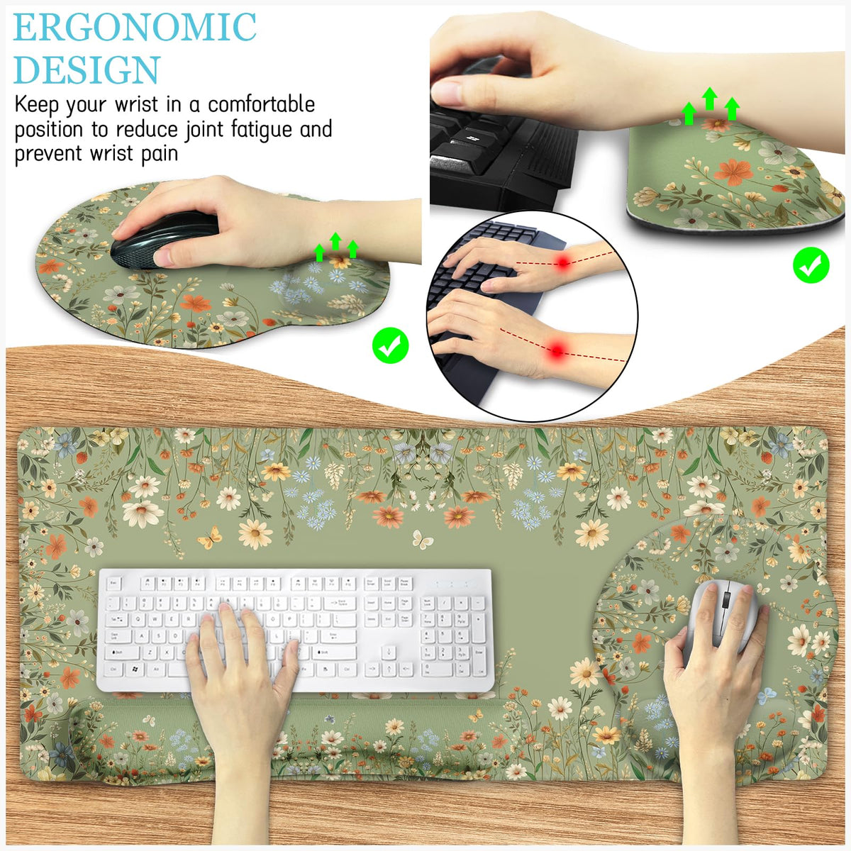LIMKRIAN Floral Desk Mat Set, Cute Green Desk Accessories Gifts for Women