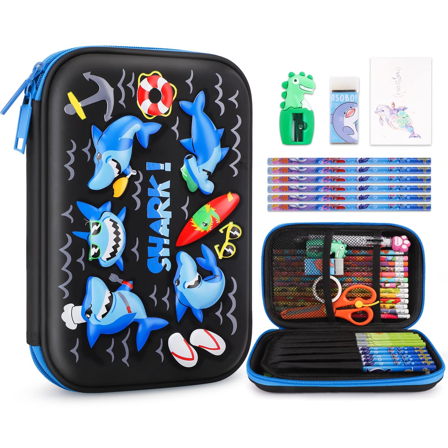homicozy Pencil Case for Boys,Cool Shark Stationery Set for Kids,3D EVA School Pencil Box Organizer