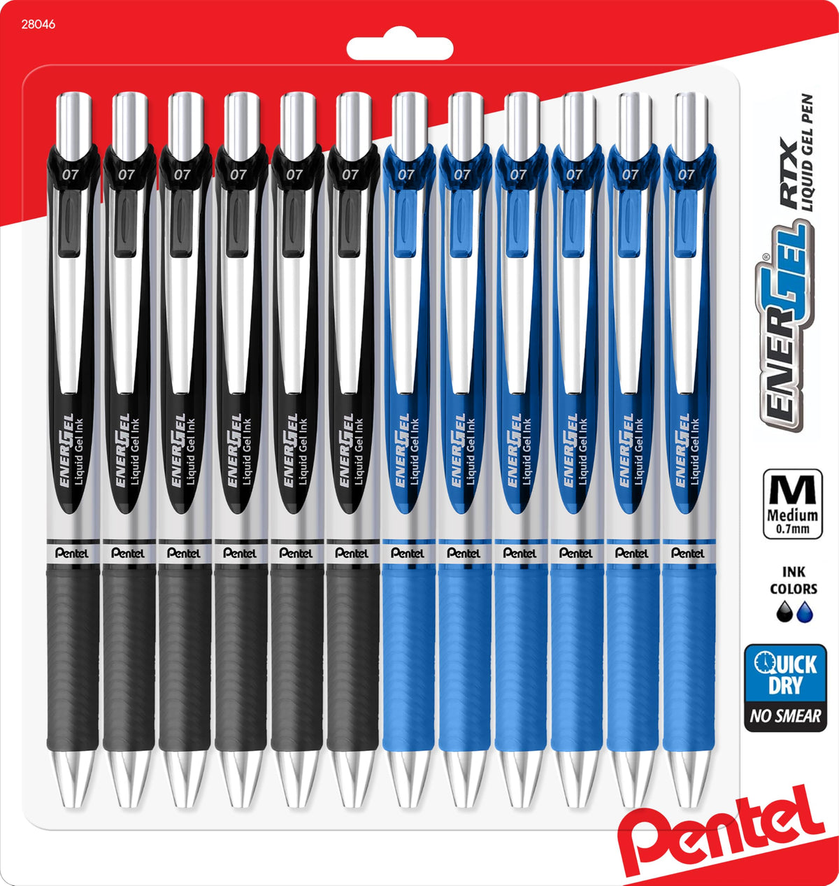 Pentel Energel 0.7 mm Rtx Retractable, 6 Black & 6 Blue Ink Pens Metal Tip, Medium Point Energel