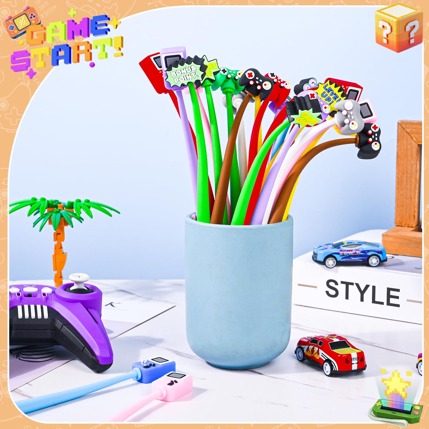 LiYiQ 50 Pcs Video Game Stress Relief Bobblehead Pens Games Handle Level Up Games Console Shape