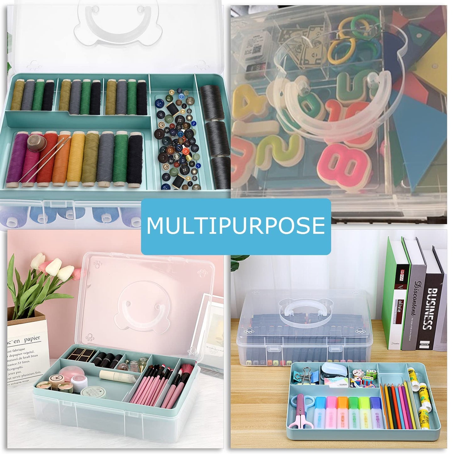 BTSKY 2-Tier Cute Bear Storage Box with Removable Divided Tray Portable Clear Plastic Art Craft
