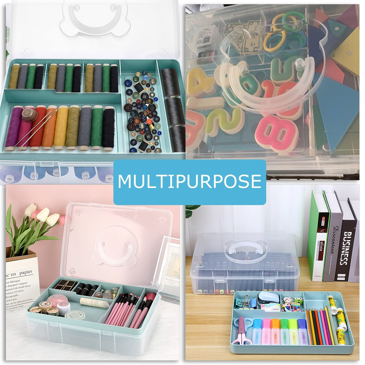 BTSKY 2-Tier Cute Bear Storage Box with Removable Divided Tray Portable Clear Plastic Art Craft