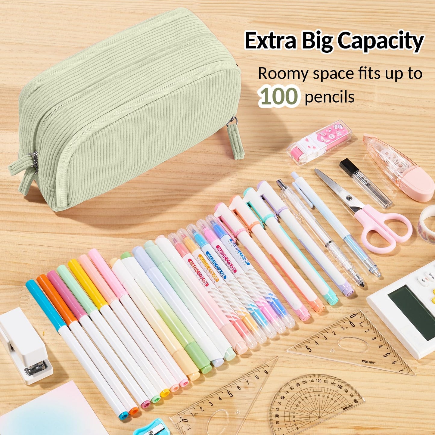 Sooez Big Capacity Pencil Case Pen Pouch, Soft Corduroy Pencil Bag