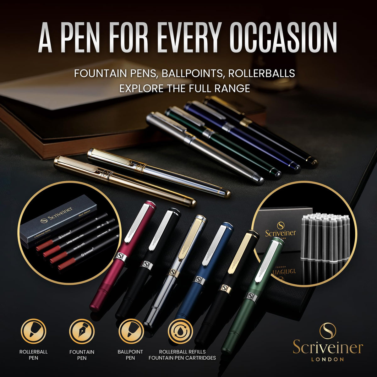Scriveiner Gold Ballpoint Pen - Stunning Luxury Pen, Real Gold Plating, Schmidt Black Refill, Best