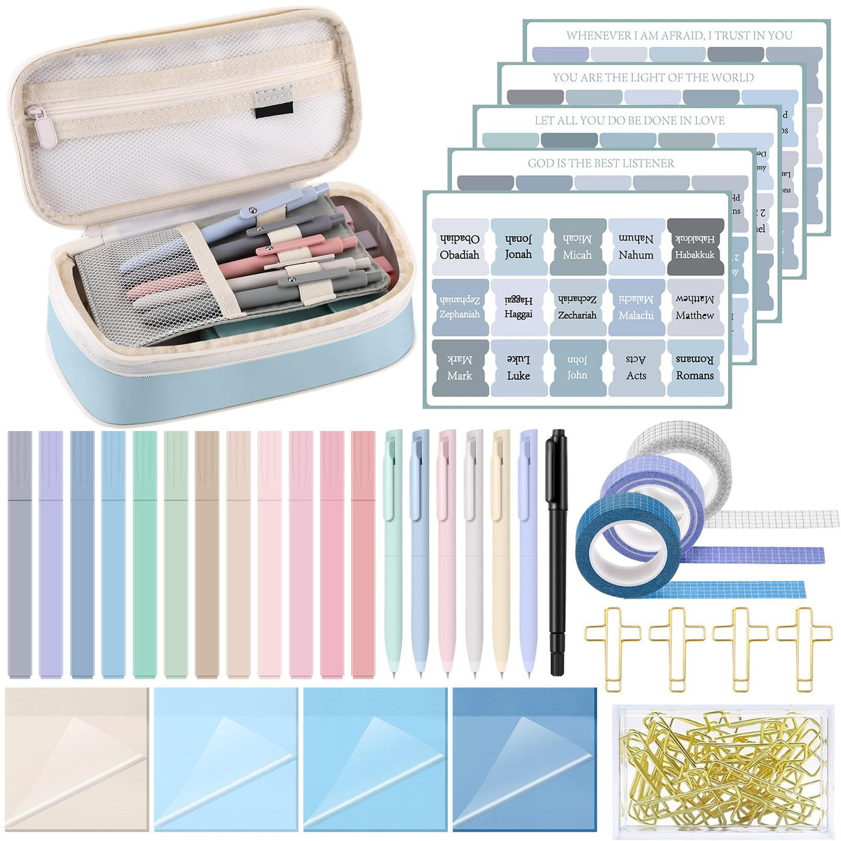 Dunzoom 137 Pcs Bible Study Supplies Journaling Kit 1 Pencil Case 12 Highlighters 4 Sticky Notes 6