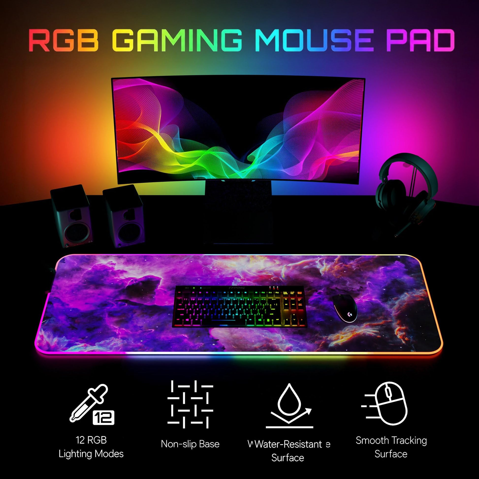 Gerlos RGB Gaming Mouse Pad, Large LED Desk Mat for Gamer, 31.5" x 11.8"