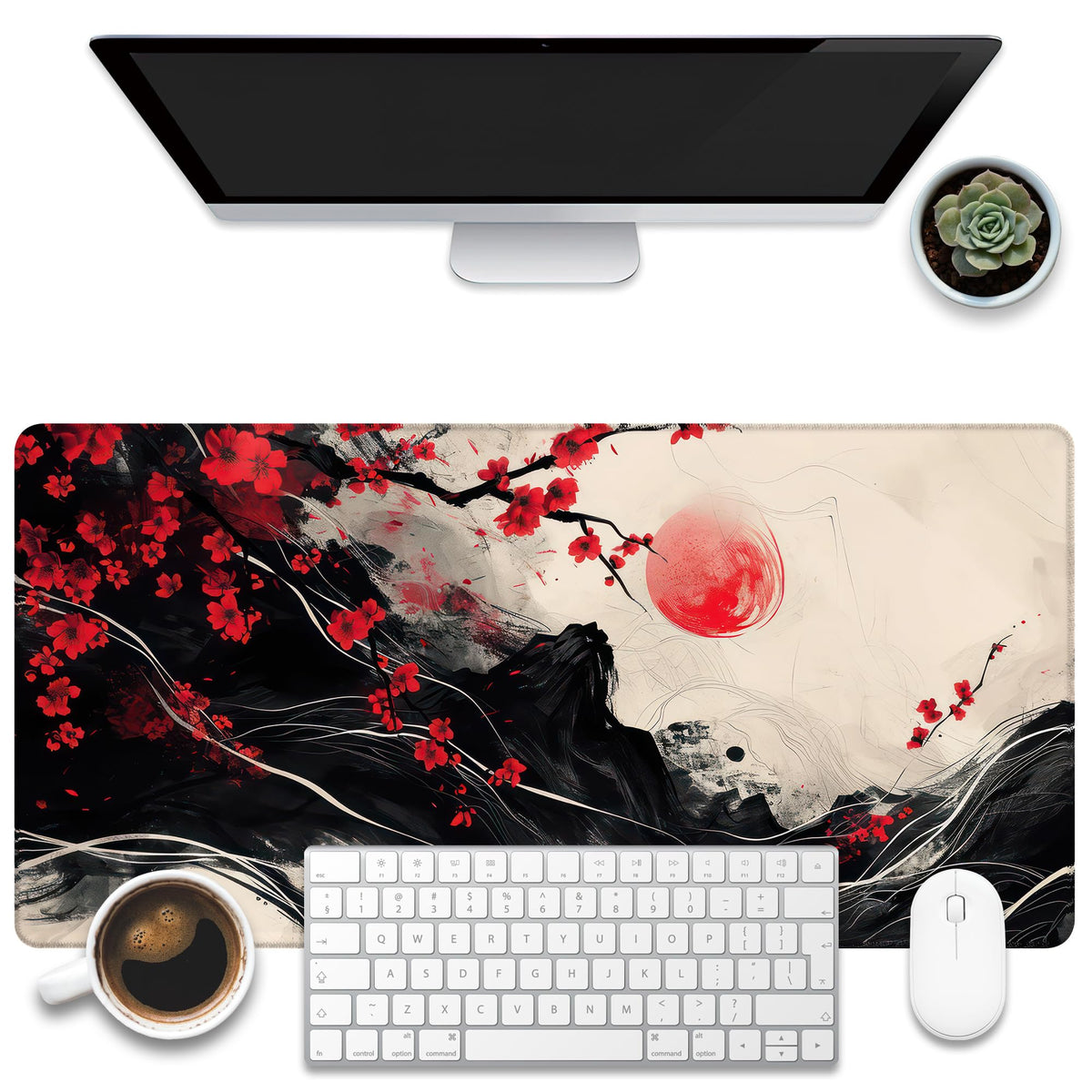 KOAIWPAE Desk Pad, Black Red Ink Painting Desk Mat, Cherry Blossom Trees Sun Waves Large Gaming
