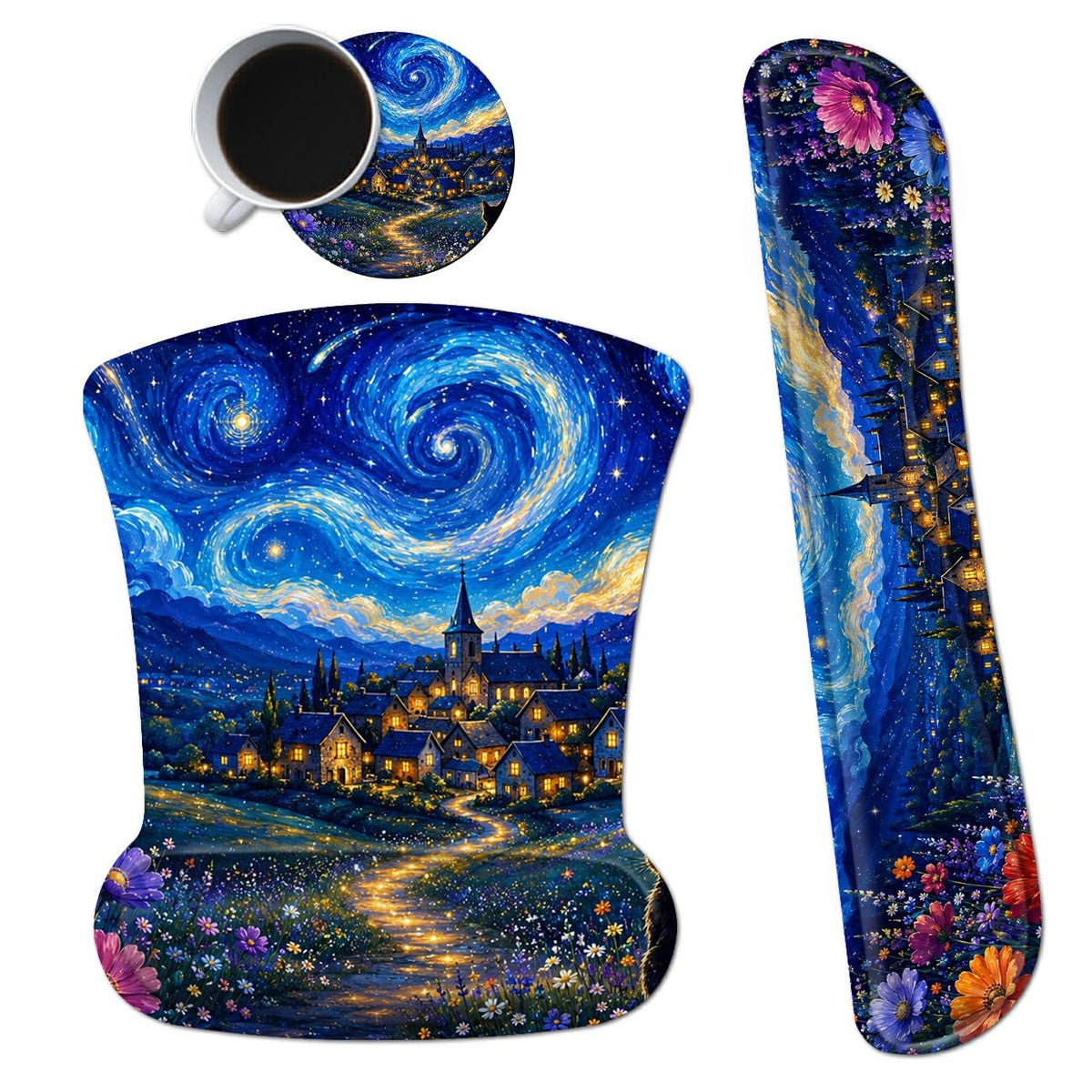 3-in-1 Ergonomic Memory Foam Keyboard Wrist Rest Pad Set, Galaxy Cat
