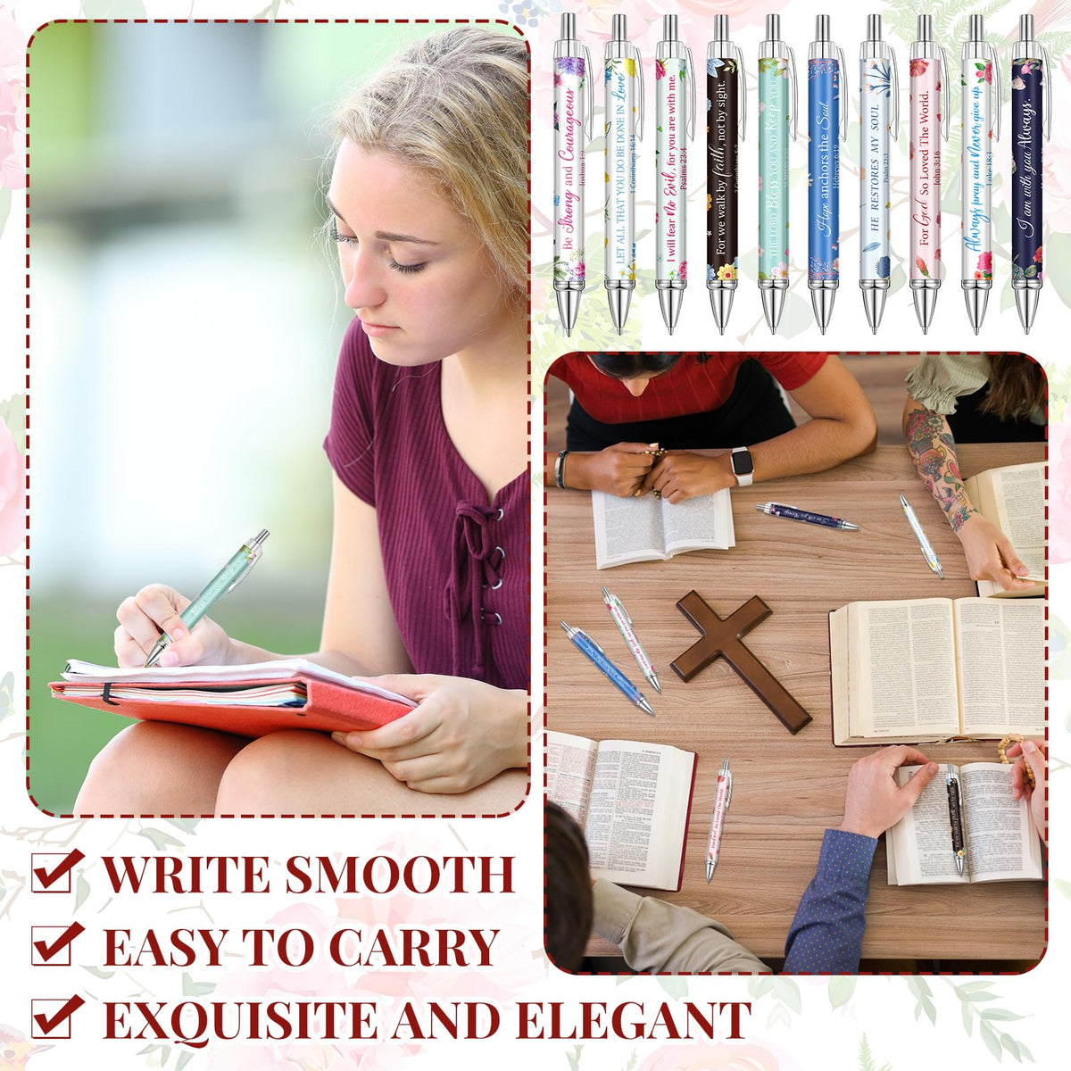 Qeeenar 50 Pcs Bible Verse Pens Christian Gift,Luxuriant Flowers