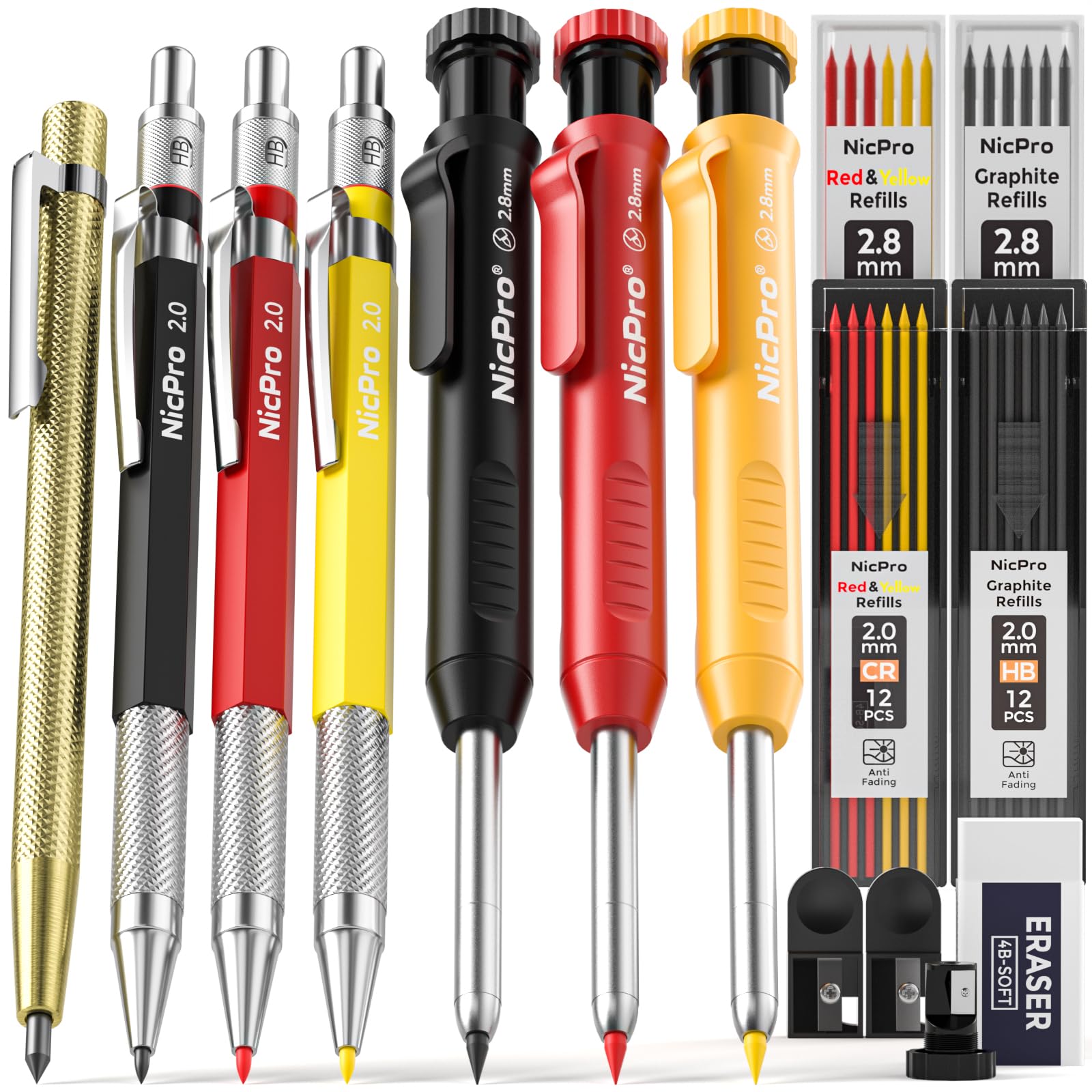 Nicpro 16 Pack Mechanical Carpenter Pencil Set with 42 Refill & Scribe Tool