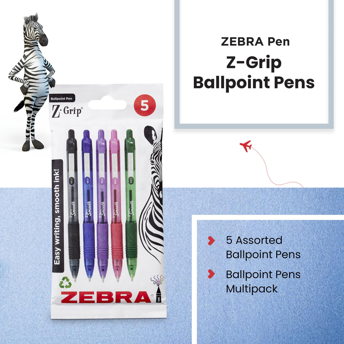 Zebra Pen Z Grip Smooth Multi- Coloured & Black Ballpoint Pens, Smooth & Comfortable Retractable