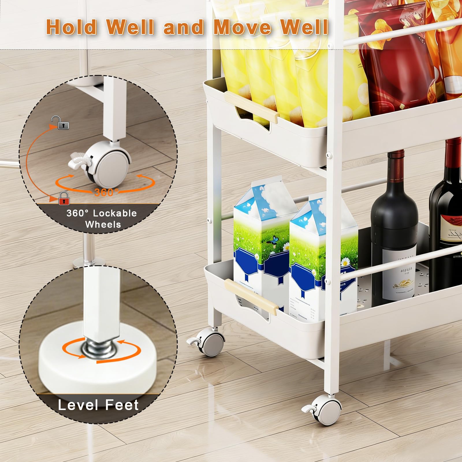 MAYBOSS 6-Tier Slim Rolling Storage Cart with Wheels, Metal Organizer Tall Rolling Cart, Wood Top