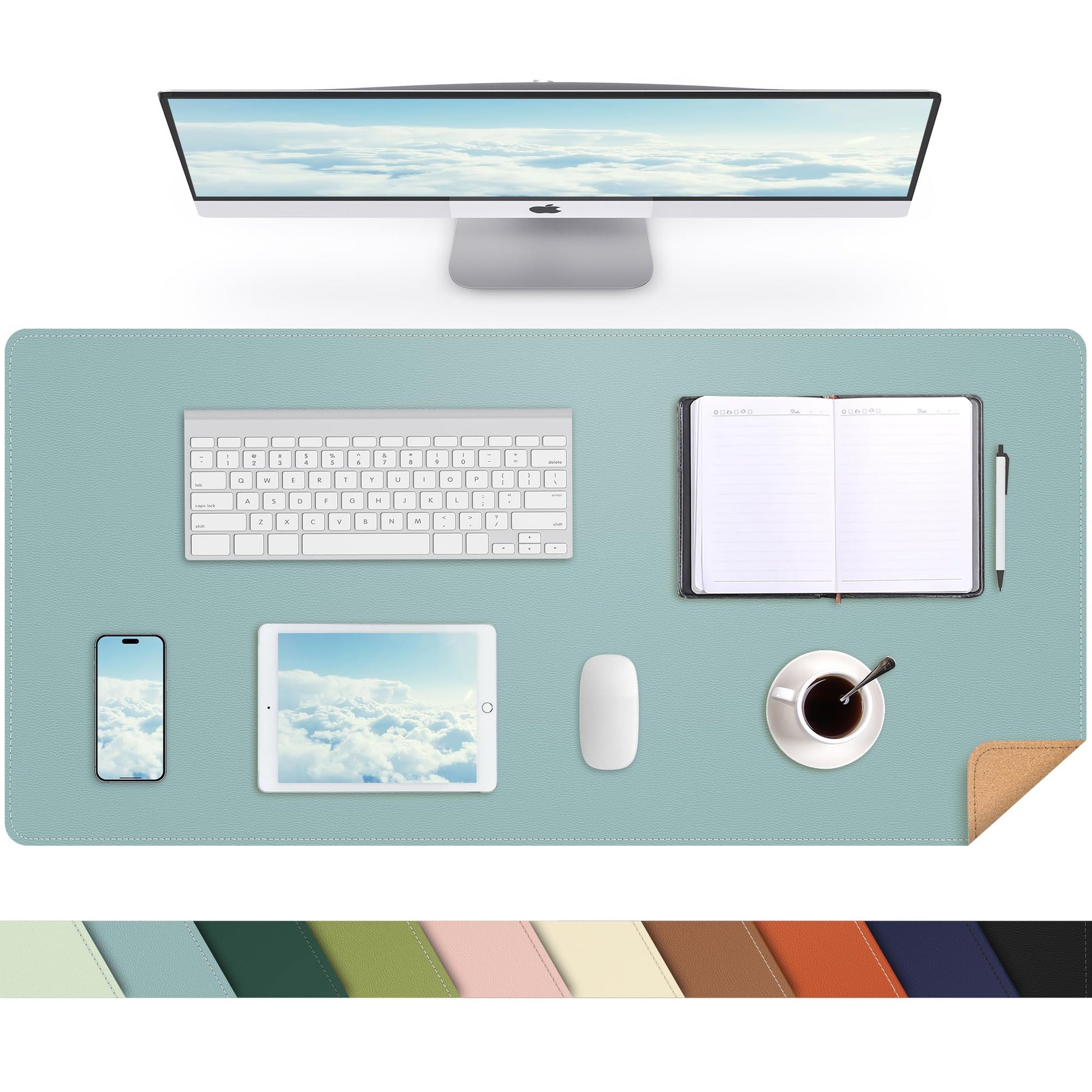AFIING Leather Desk pad Protector, Light Blue, 35.4" x 17"