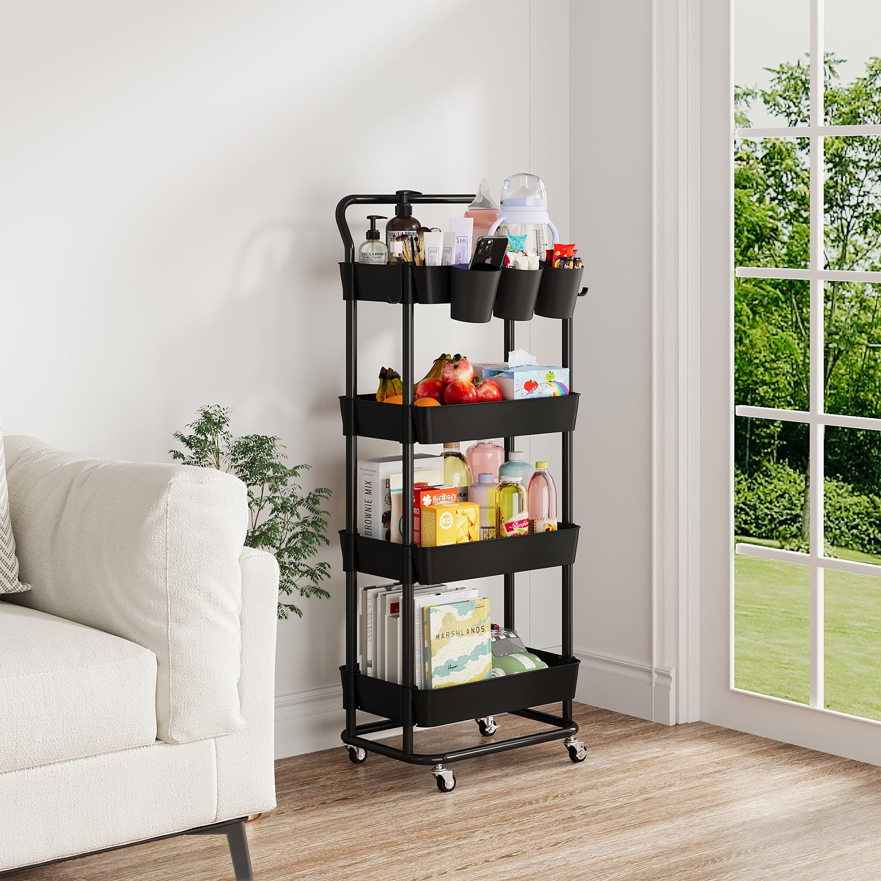 Buzowruil 4-Tier Rolling Utility Cart, Storage Cart with Handle Multi-Purpose and Locking