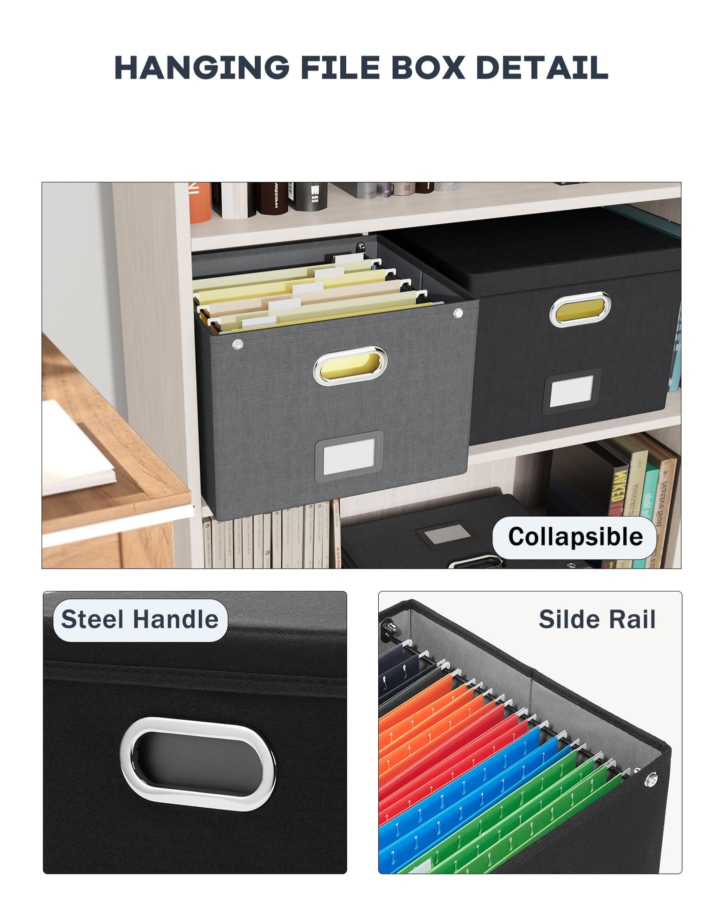 2 Pack File Organizer Box with Lid, Large Hanging Filing Box with Mesh Pocket, Document Organizer