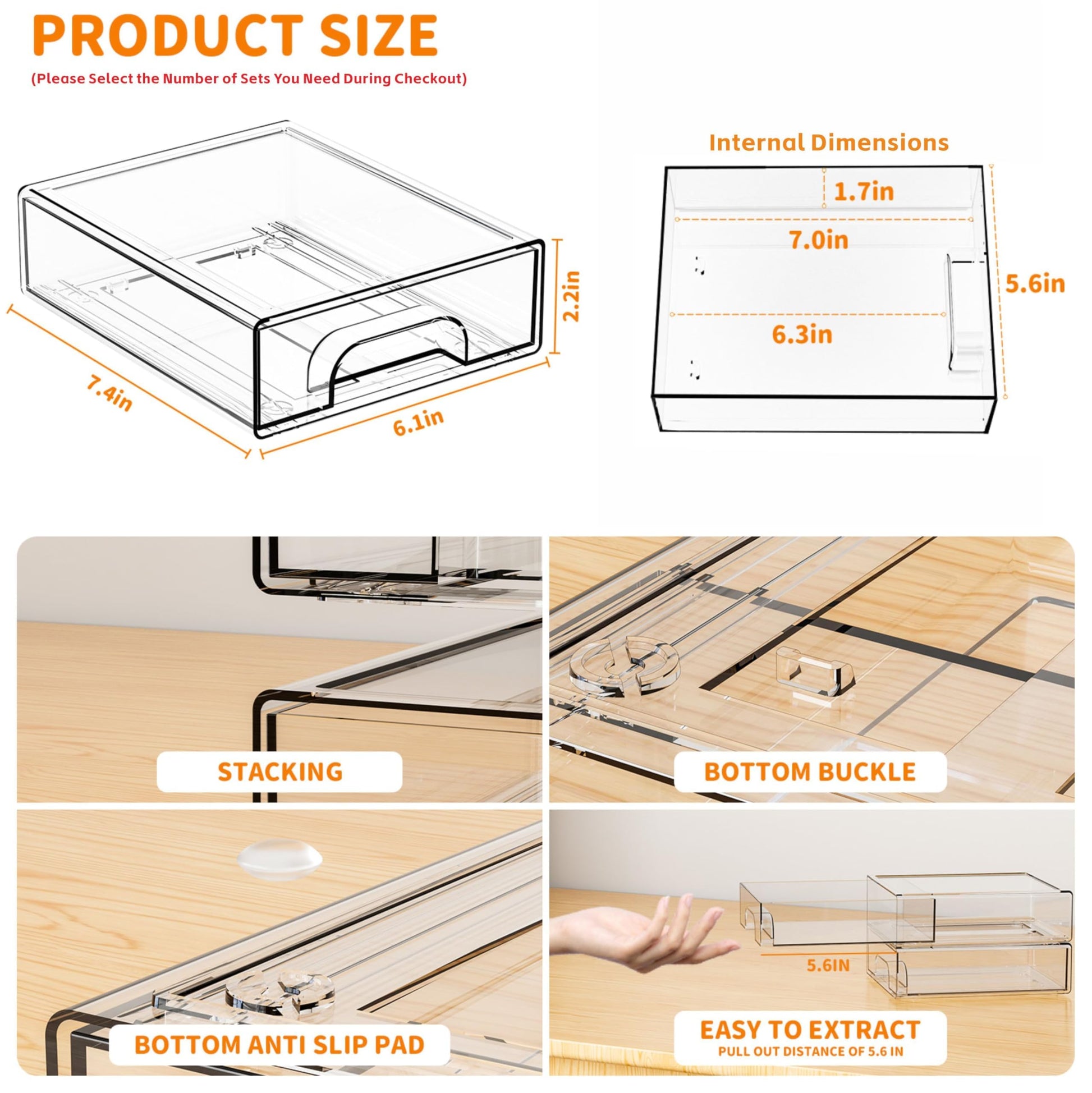 Yieach 2.2'' High Small Clear Stackable Storage Drawers,4 Pack Desk Organization and Storage