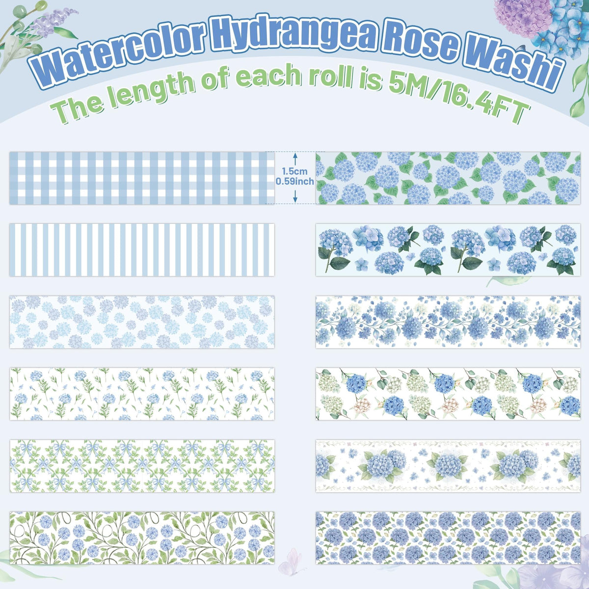 BkeeCten 12 Rolls Watercolor Hydrangea Washi Tape forSpring Arts DIY Craft