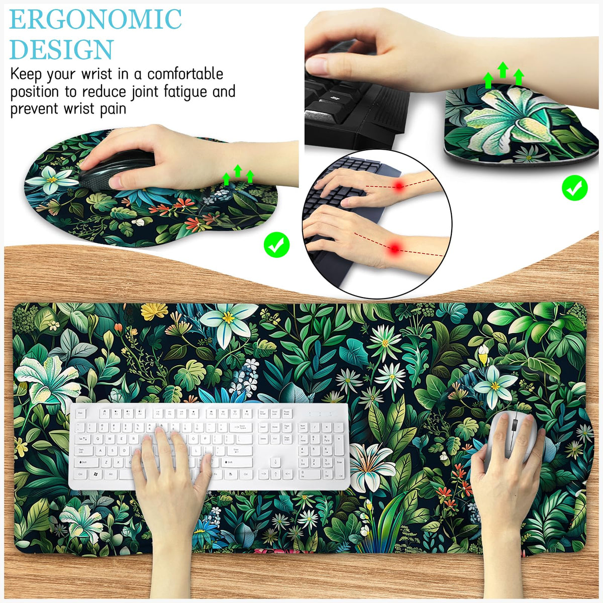 LIMKRIAN Floral Large Desk Mat Set, Green Mouse Pad with Wrist Rest
