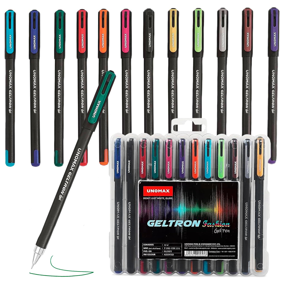 UNOMAX Geltron Fashion Gel Pen - Pack of 12, Assorted Colours | Elevate Your Writing Experience: