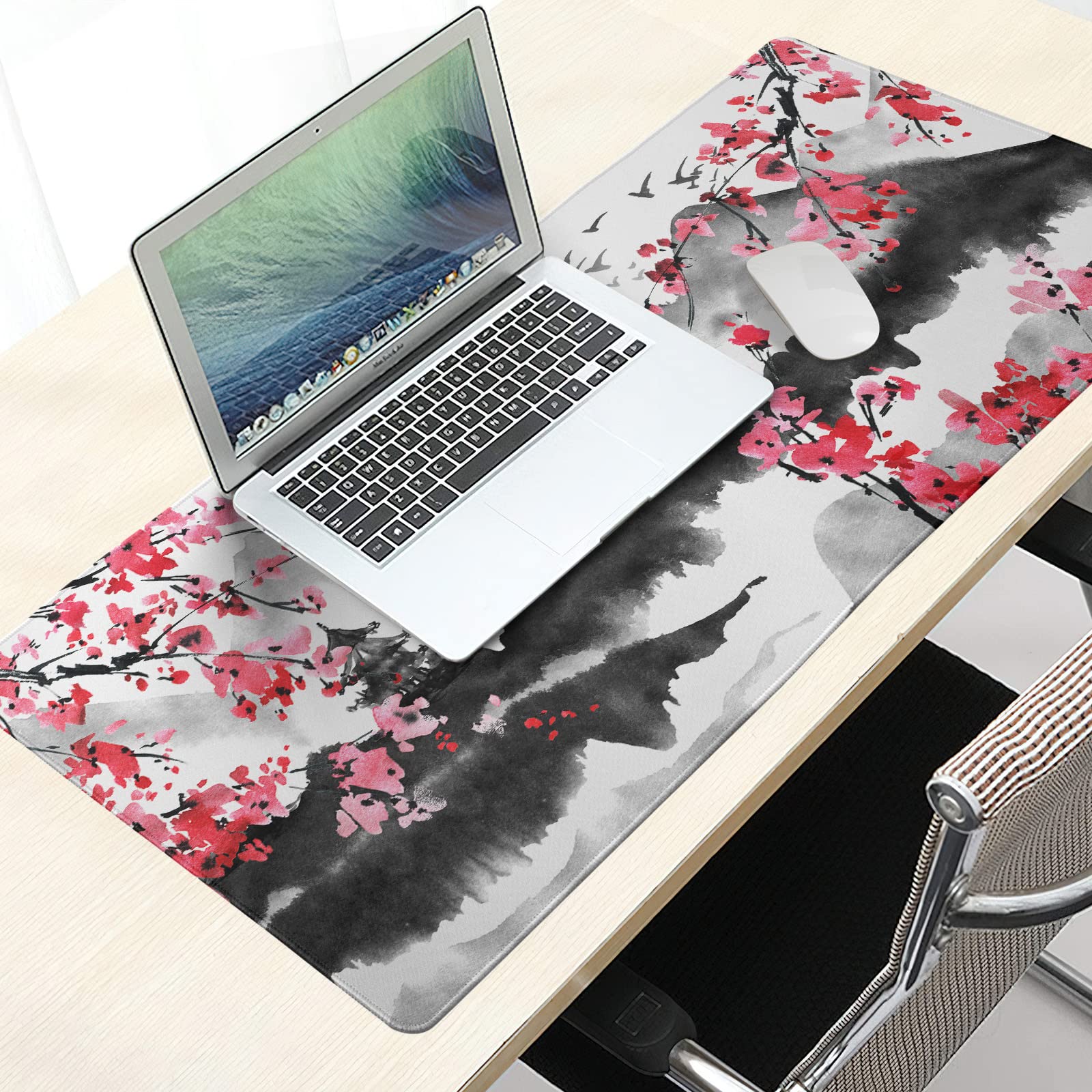 Japanese Cherry Blossom Mouse Pad 35.4 X 15.7 Inch XXL Full Desk Pink Watercolor Art Cool Design