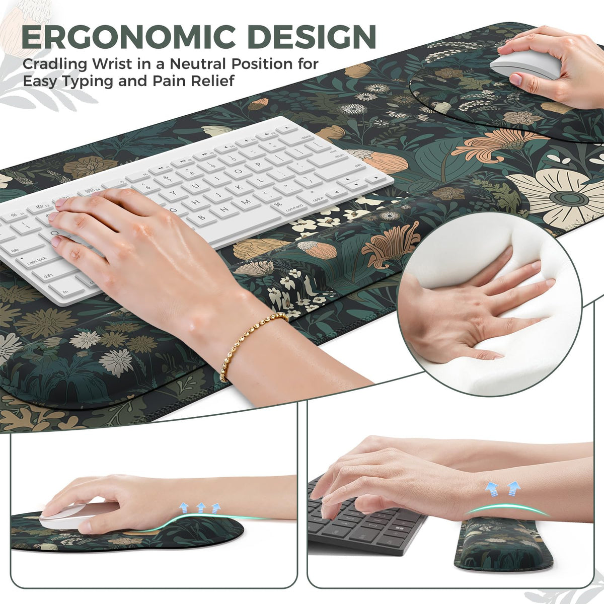 iCasso Desk Cover Mat, 4in1 Floral Large Mouse Pad with Wrist Rest