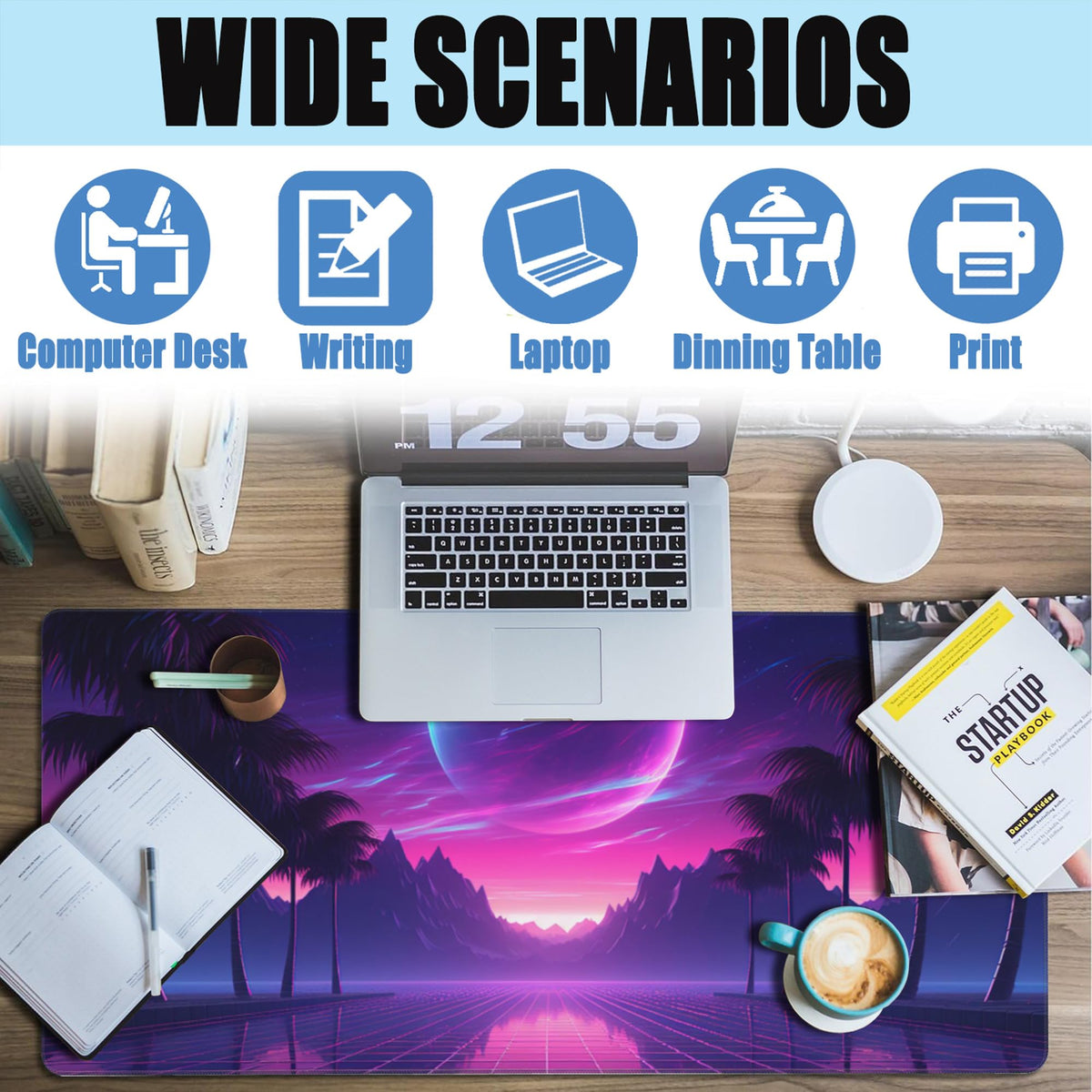 Large Gaming Mouse Pad for Desk,Cool Retrowave Landscape Desk Mat,Science Fiction Scene Desk Pad