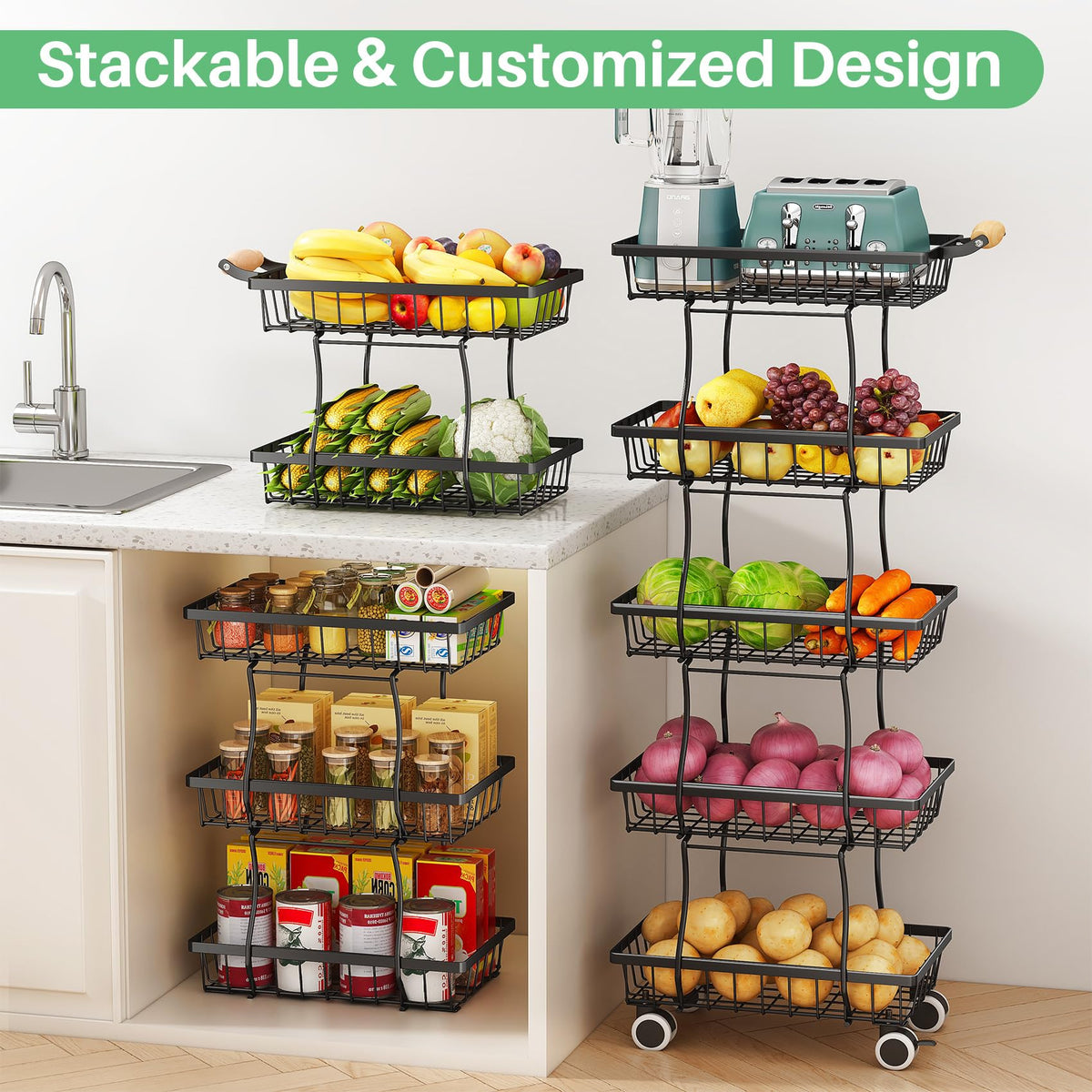 SAYZH 5-Tier Fruit Basket Stand with Vegetable Baskets for Kitchen, Black
