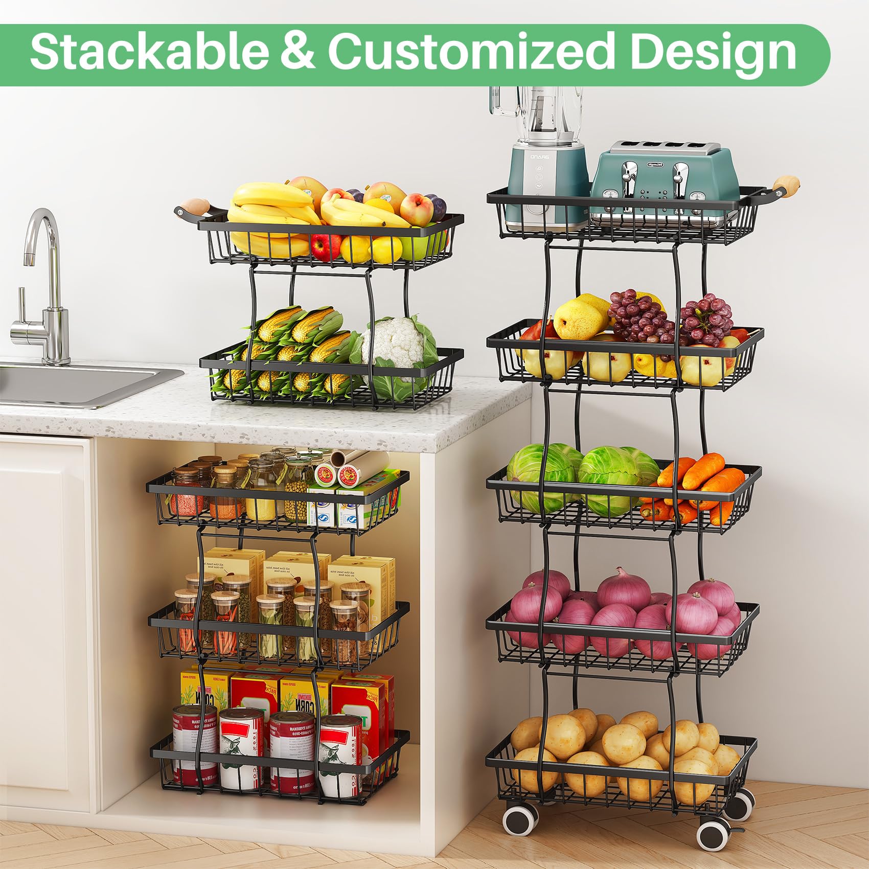 SAYZH 5-Tier Fruit Basket Stand with Vegetable Baskets for Kitchen, Black