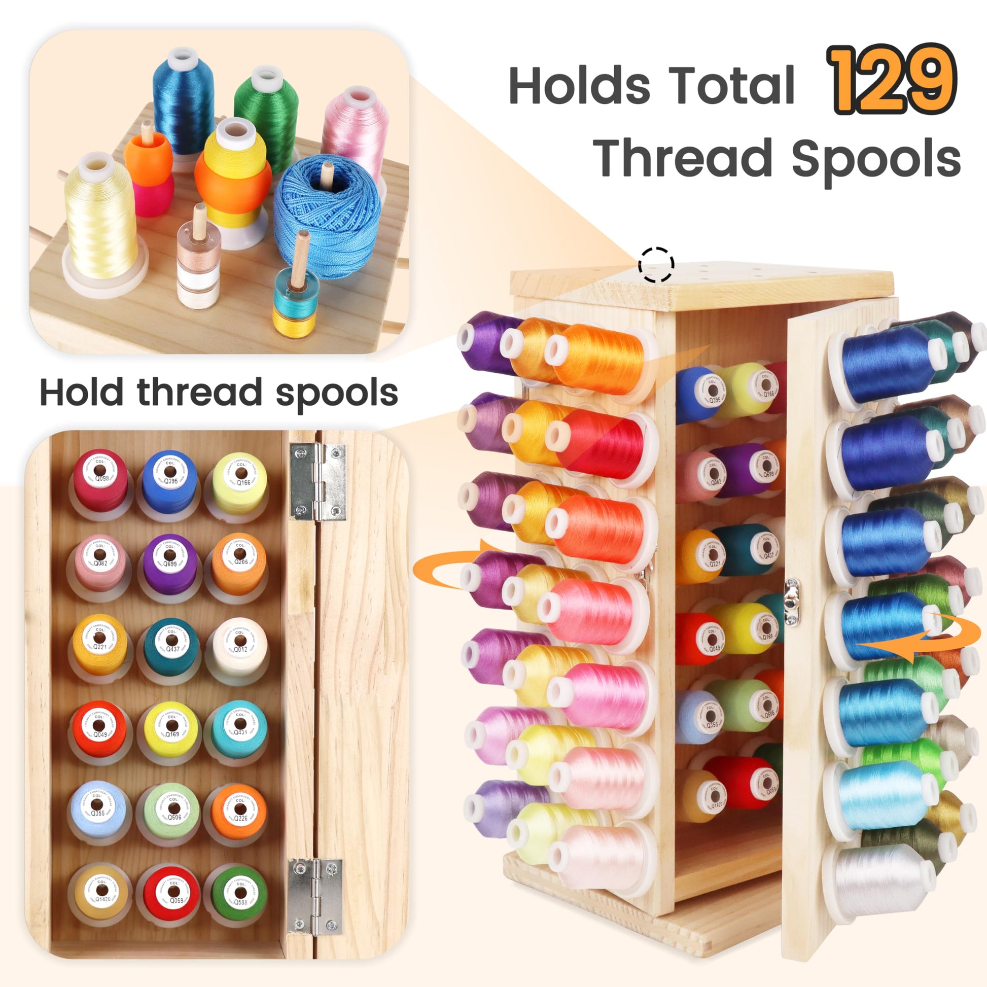 New brothread 129 Spools 360° Fully Rotating Wooden Thread Rack