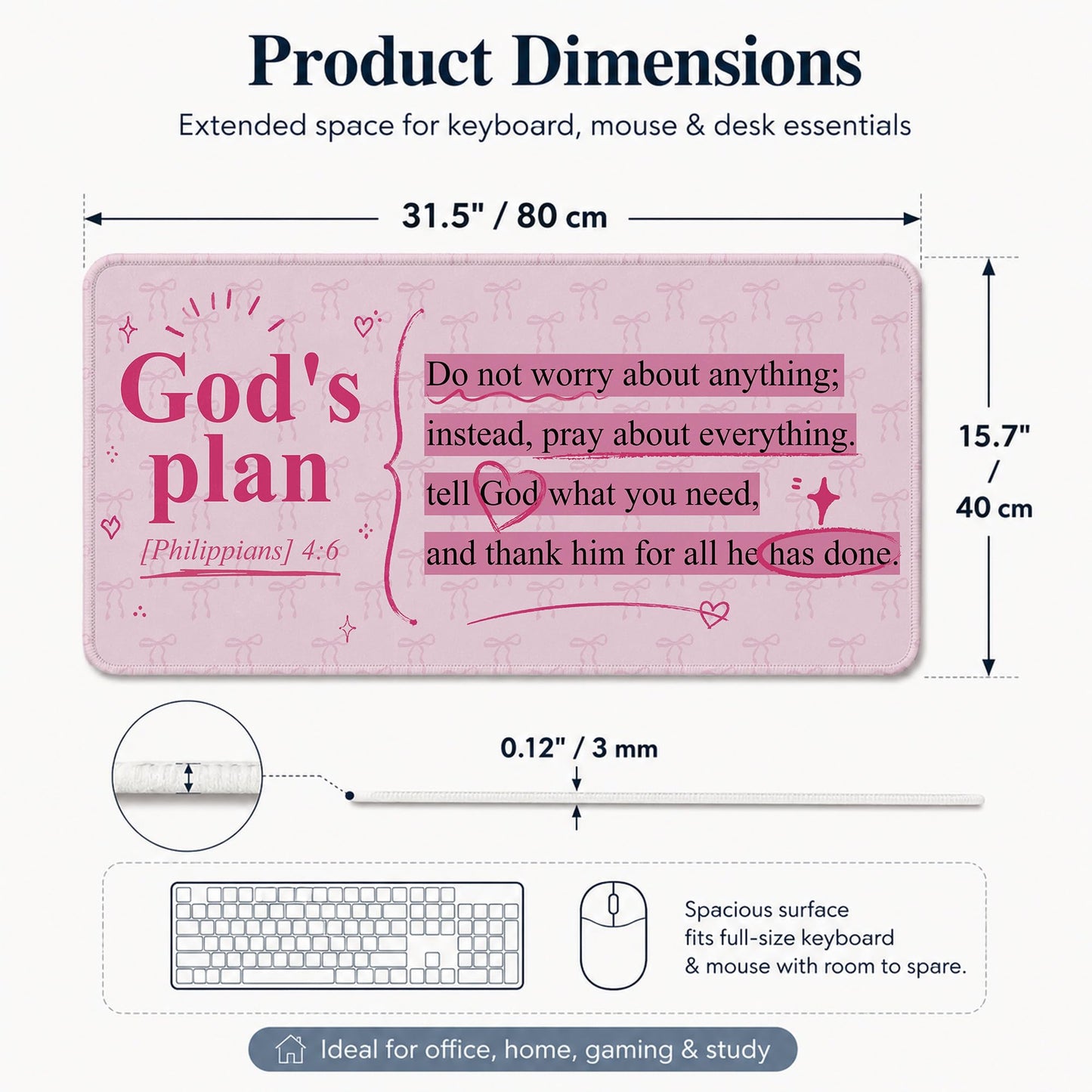 DOFQZ Pink Bow Christian Bible Verse Mouse Pad Large 31.5x15.7inch,M008