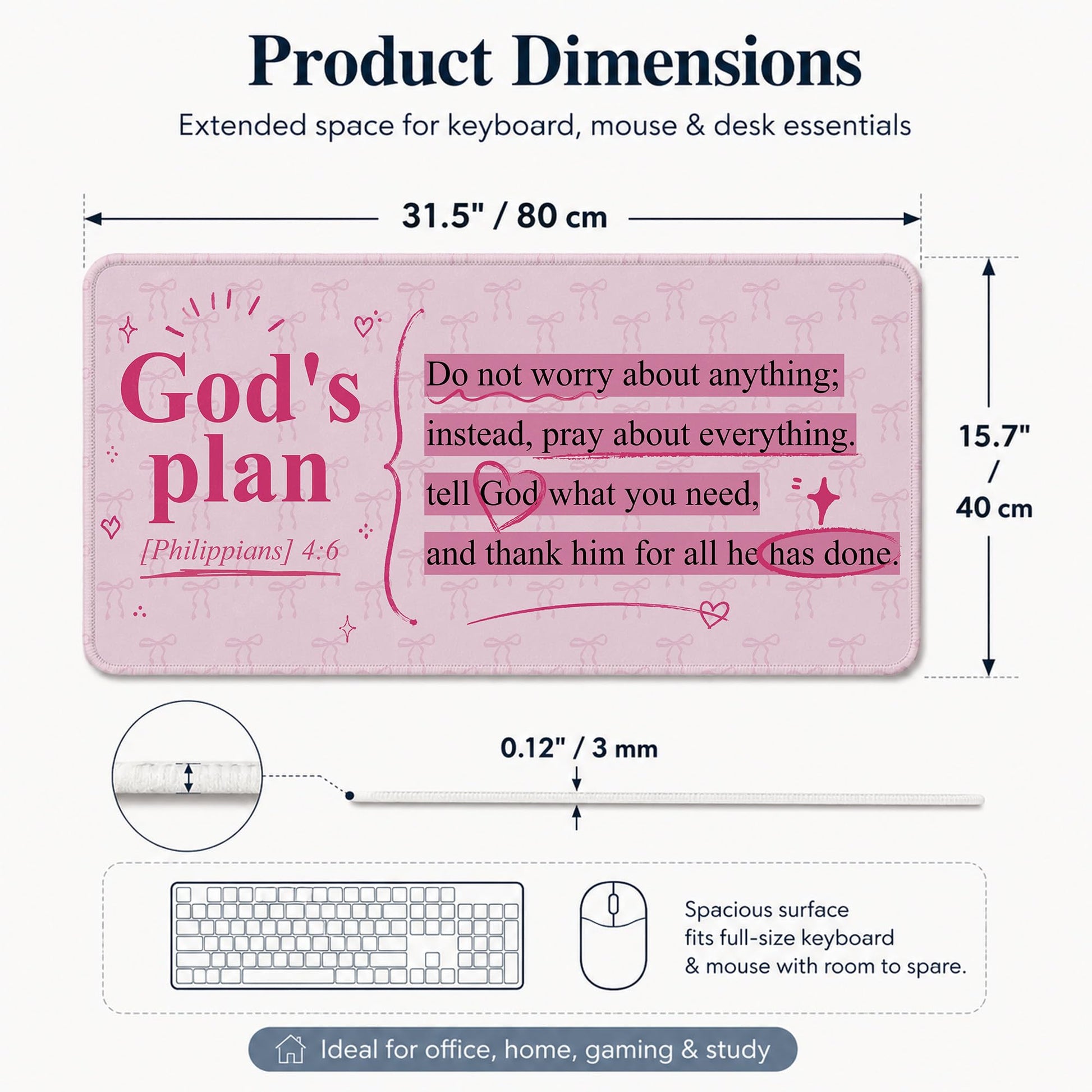 DOFQZ Pink Bow Christian Bible Verse Mouse Pad Large 31.5x15.7inch,M008