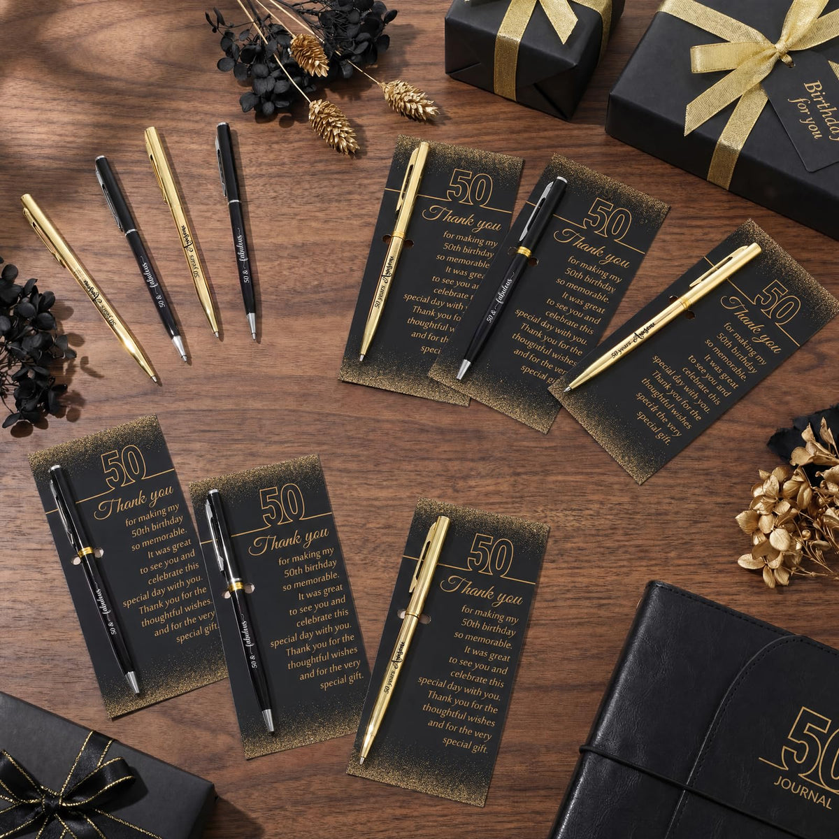 Feifeiya 50 Sets 50th Birthday Party Favors with Black Gold Pens Thank Card